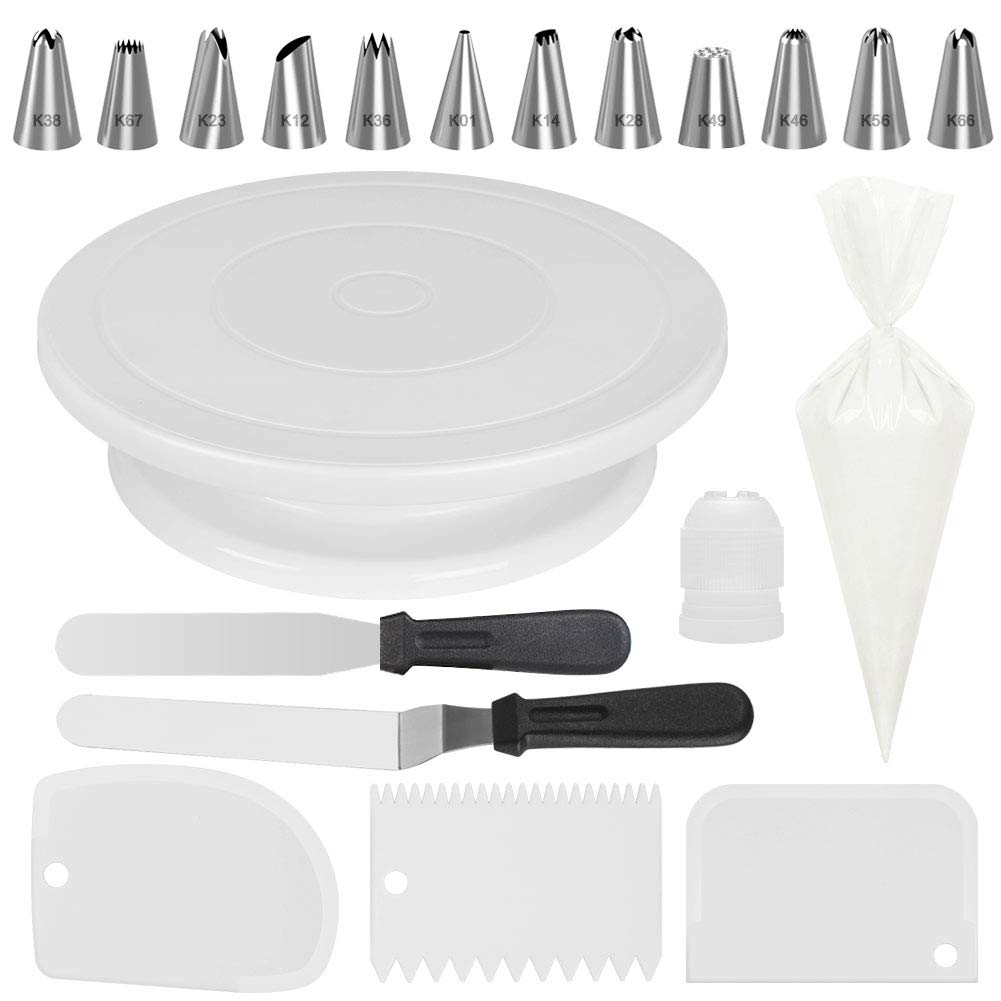 Kootek All-In-One Cake Decorating Kit Supplies with Revolving Cake Turntable, 12 Cake Decorating Tips, 2 Icing Spatula, 3 Icing Smoother, 50 Disposable Pastry Bags and 1 Coupler Baking Set, White