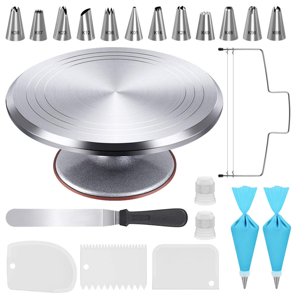 Kootek Aluminium Alloy Cake Decorating Turntable, 12 Inch Rotating Cake Stand, 22pcs Baking Supplies Tools with Icing Spatula, Cake Leveler, 3 Icing Smoother, 12 Icing Piping Tips, 2 Pastry Bag