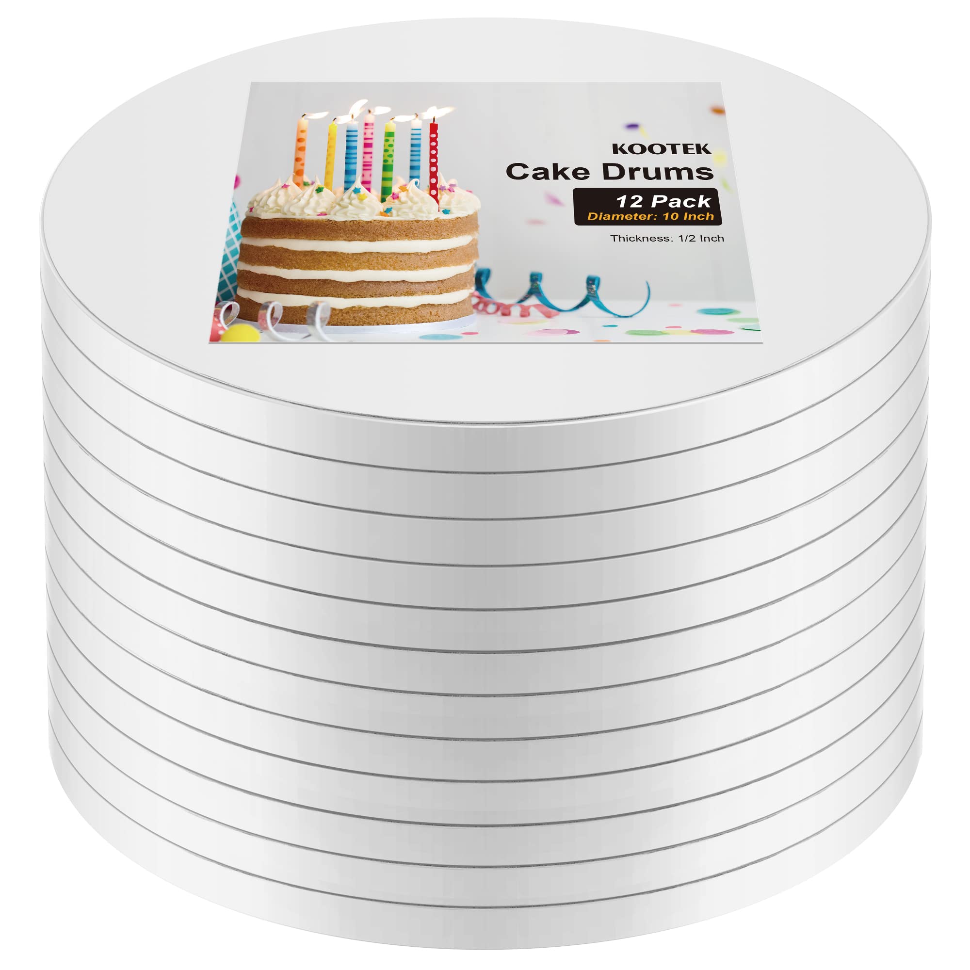 Kootek Cake Boards Drum 10 Inch Round, 1/2" Thick Cake Drums, Cake Decorating Supplies White 12 Pack Sturdy Cake Corrugated Cardboard for Multi-Layer Cakes