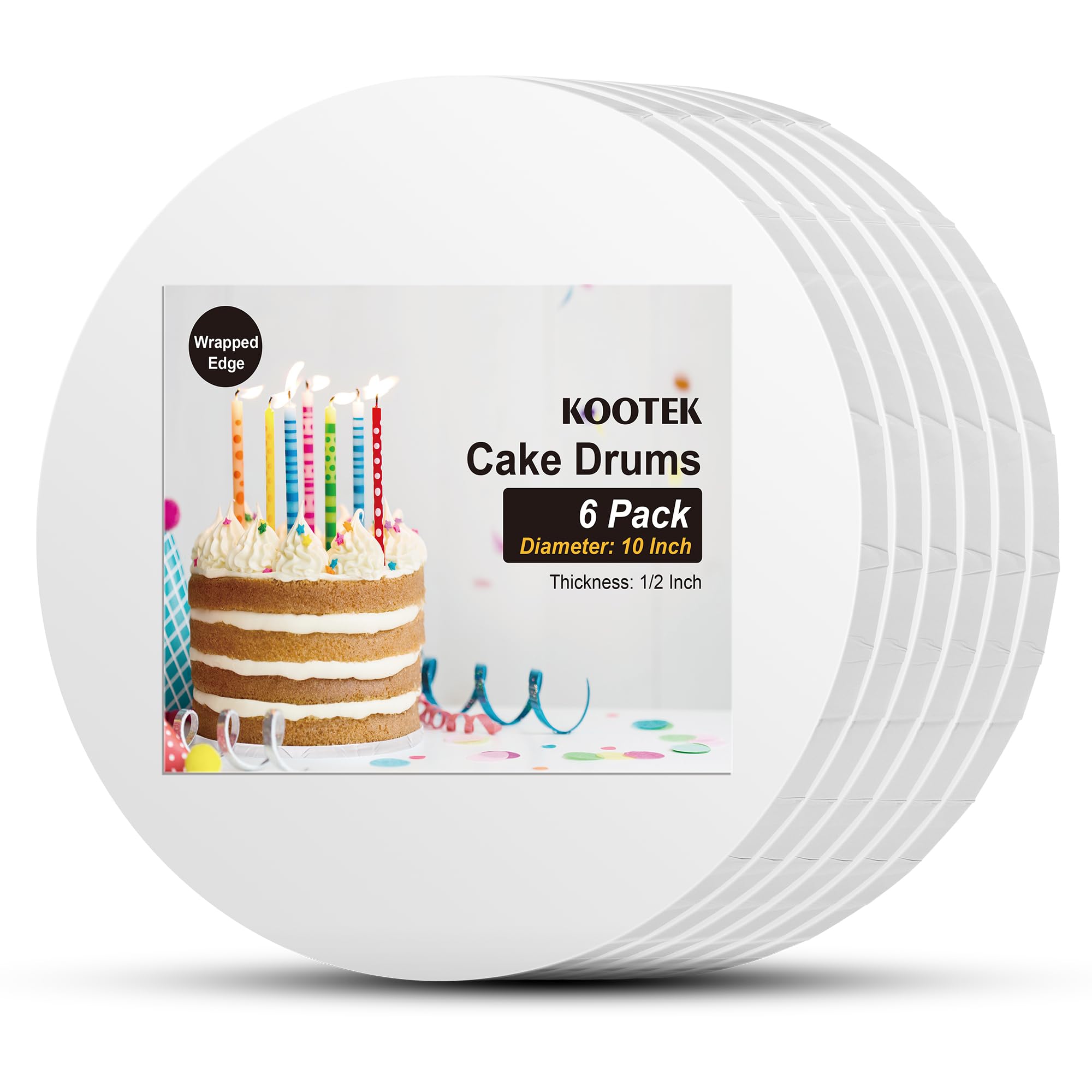 Kootek Cake Boards Drum 10 Inch Round, 1/2" Thick Cake Drums with Fully Wrapped Edges, Cake Decorating Supplies White 6-Pack Sturdy Cake Corrugated Cardboard for Multi-Layer Cakes