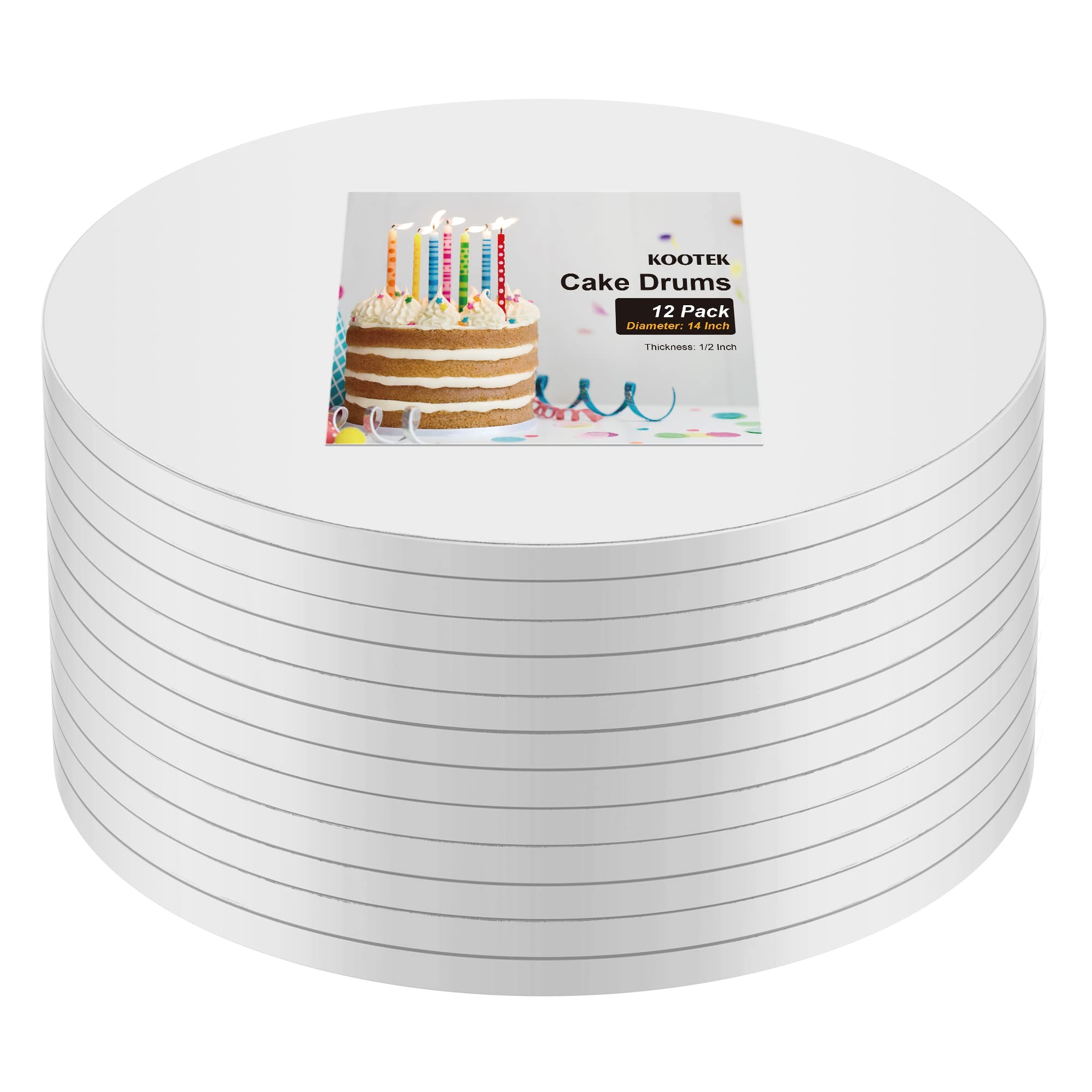 Kootek Cake Boards Drum 14 Inch Round, 1/2" Thick Cake Drums, Cake Decorating Supplies White 12 Pack Sturdy Cake Corrugated Cardboard for Multi-Layer Cakes