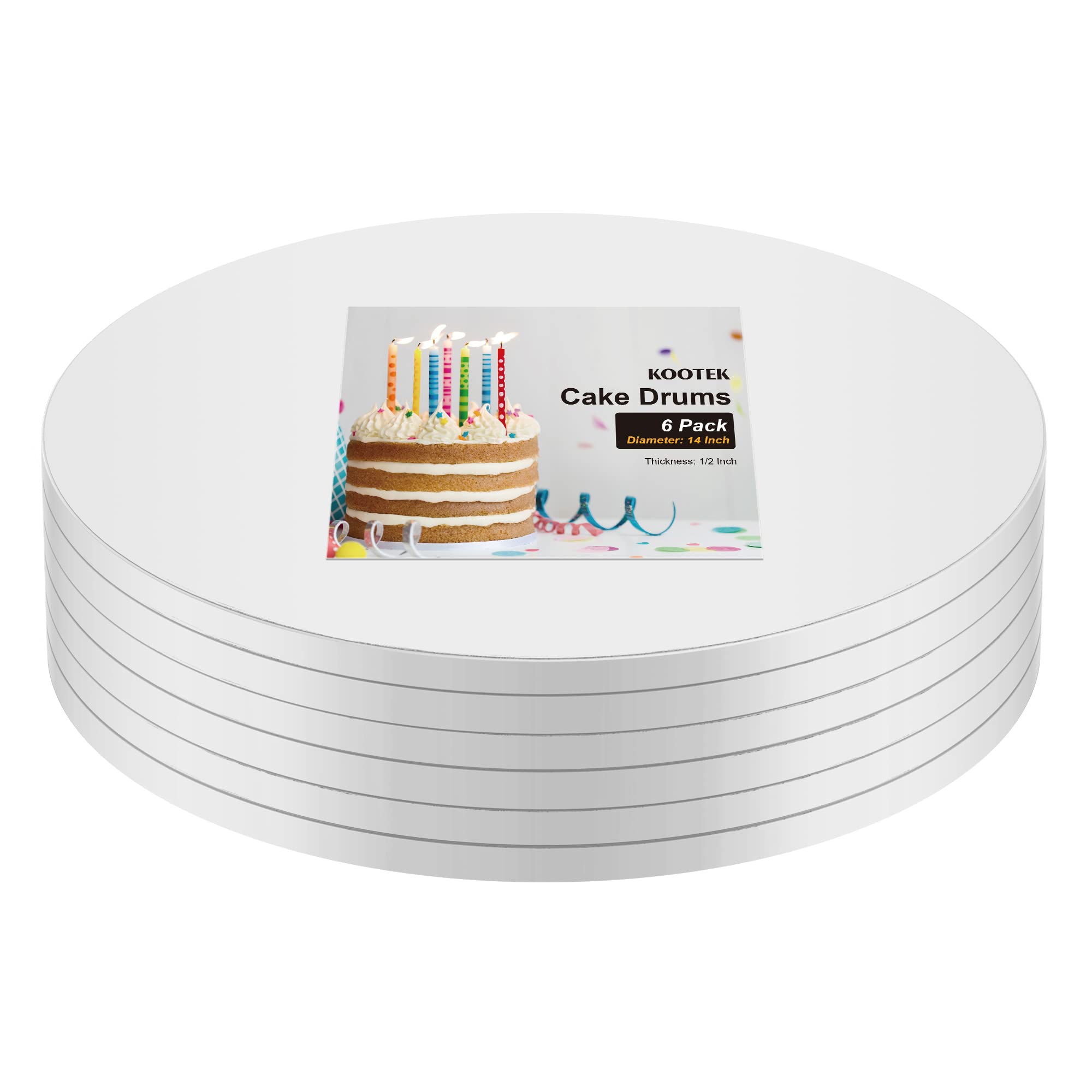 Kootek Cake Boards Drum 14 Inch Round, 1/2" Thick Cake Drums, Cake Decorating Supplies White 6 Pack Sturdy Cake Corrugated Cardboard for Multi-Layer Cakes