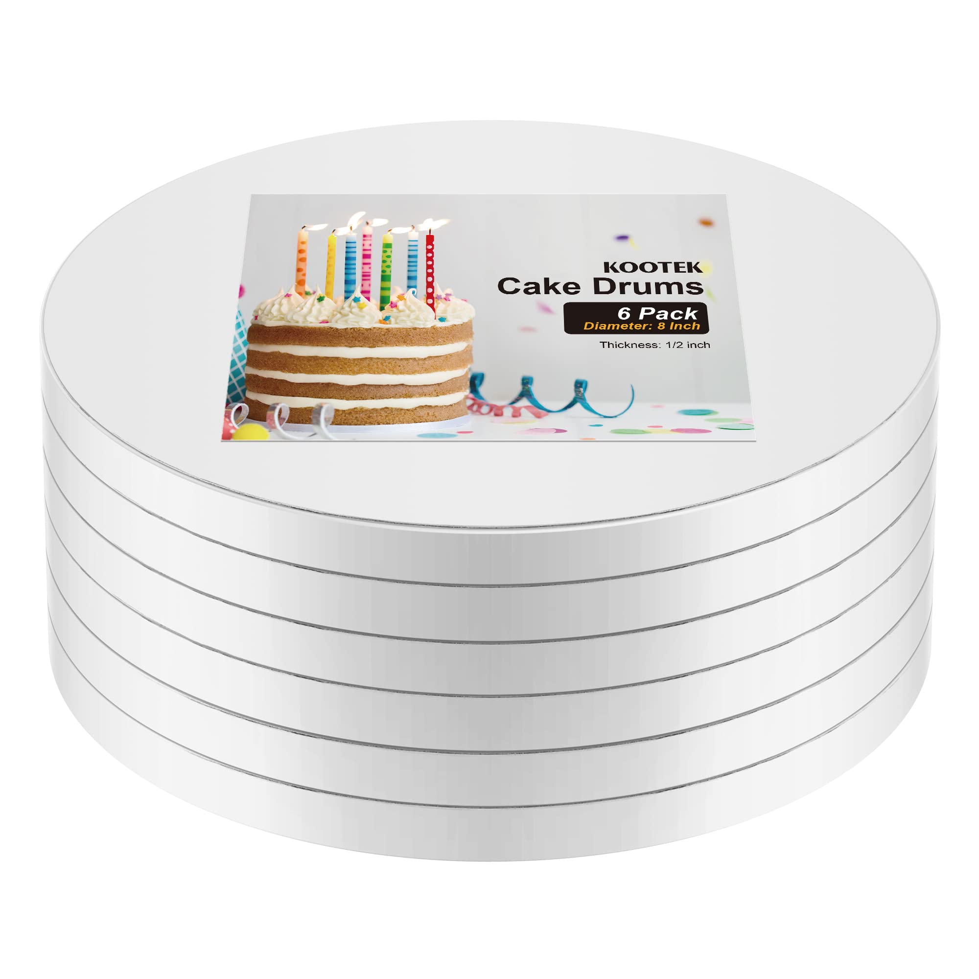 Kootek Cake Boards Drum 8 Inch Round, 1/2" Thick Cake Drums, Cake Decorating Supplies White 6 Pack Sturdy Cake Corrugated Cardboard for Multi-Layer Cakes