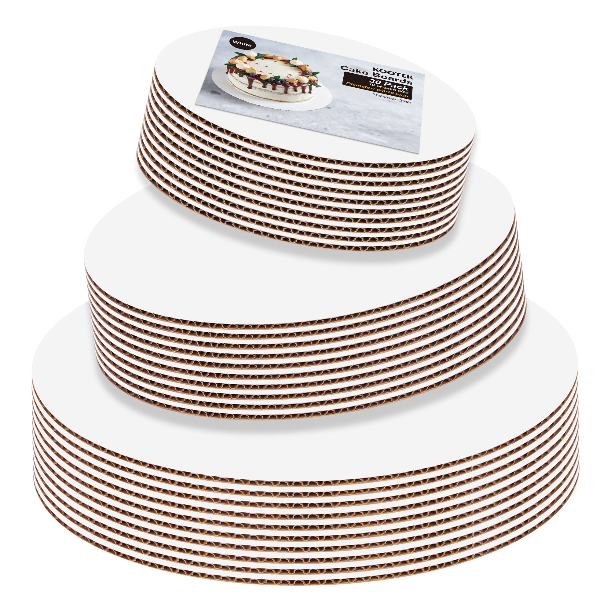 Kootek Cake Boards Round 30 Pack, Cake Decorating Kits Circle Cardboard Round Base 6, 8 and 10 inch, Cake Plate 10 of Each Size