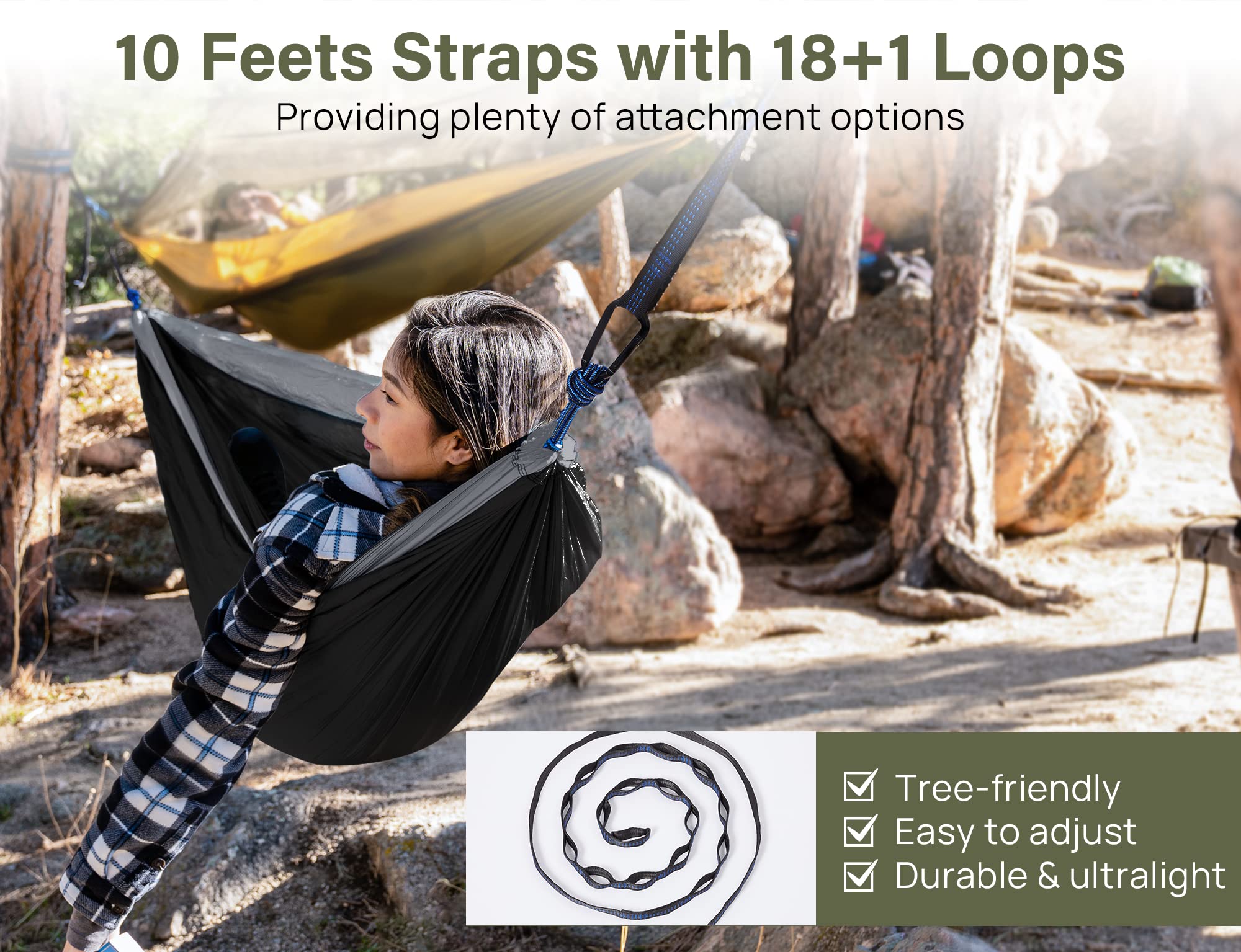Kootek Camping Hammock Double Portable Hammocks with 2 Tree Straps, Lightweight Nylon Parachute Hammocks for Backpacking, Travel, Beach, Backyard, Patio, Hiking (Black & Grey, Large)