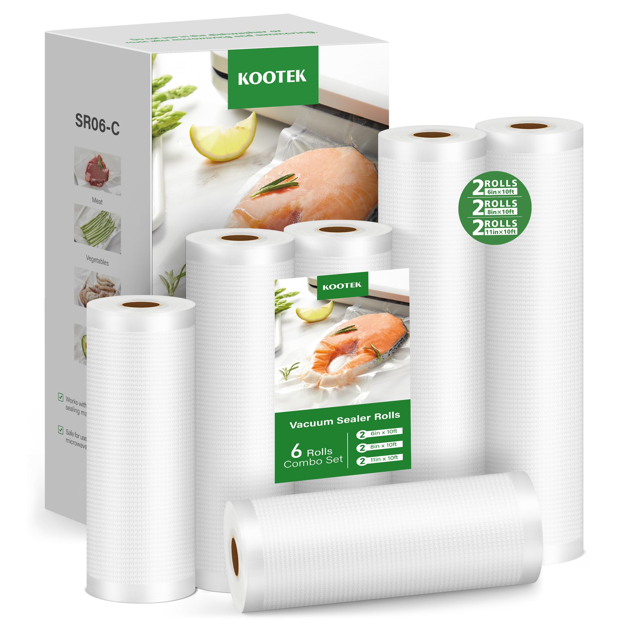 Kootek Vacuum Sealer Bags, 6 Pack 2 Rolls 11"x10' and 2 Rolls 8"x10' and 2 Rolls 6"x10' (Total 60 feet), Commercial Grade, BPA Free Food Vac Bags Rolls for Storage, Meal Prep or Sous Vide