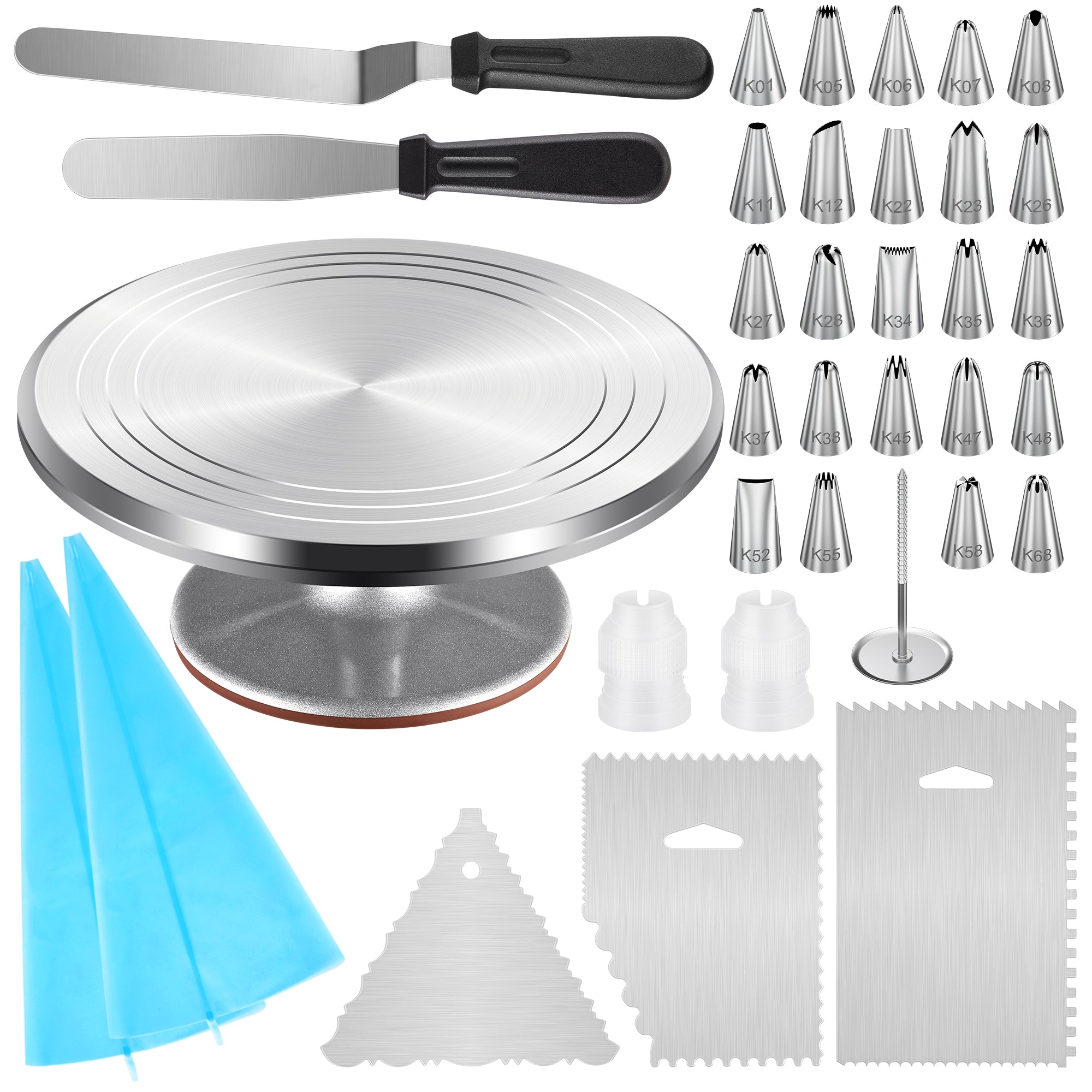 Kootek 35-in-1 Cake Decorating Supplies with Aluminium Alloy Revolving Cake Turntable, 24 Piping Tips, 2 Frosting Spatula, 3 Icing Comb, 2 Reusable Pastry Bags, 2 Couplers and 1 Flower Nail