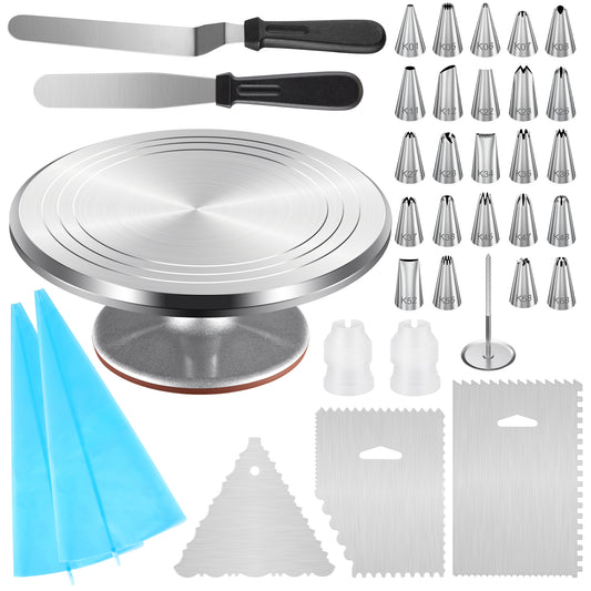 Kootek 35-in-1 Cake Decorating Supplies with Aluminium Alloy Revolving Cake Turntable, 24 Piping Tips, 2 Frosting Spatula, 3 Icing Comb, 2 Reusable Pastry Bags, 2 Couplers and 1 Flower Nail