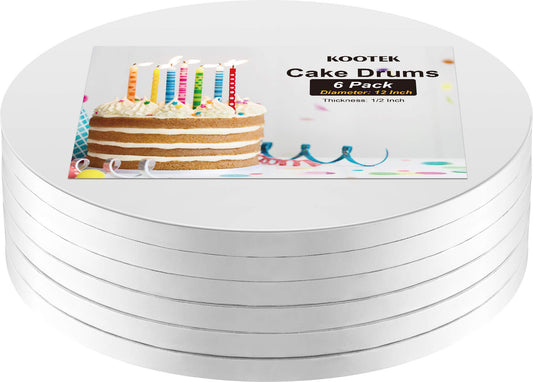 Kootek Cake Boards Drum 12 Inch Round, 1/2" Thick Cake Drums, Cake Decorating Supplies White 6-Pack Sturdy Cake Corrugated Cardboard for Multi-Layer Cakes