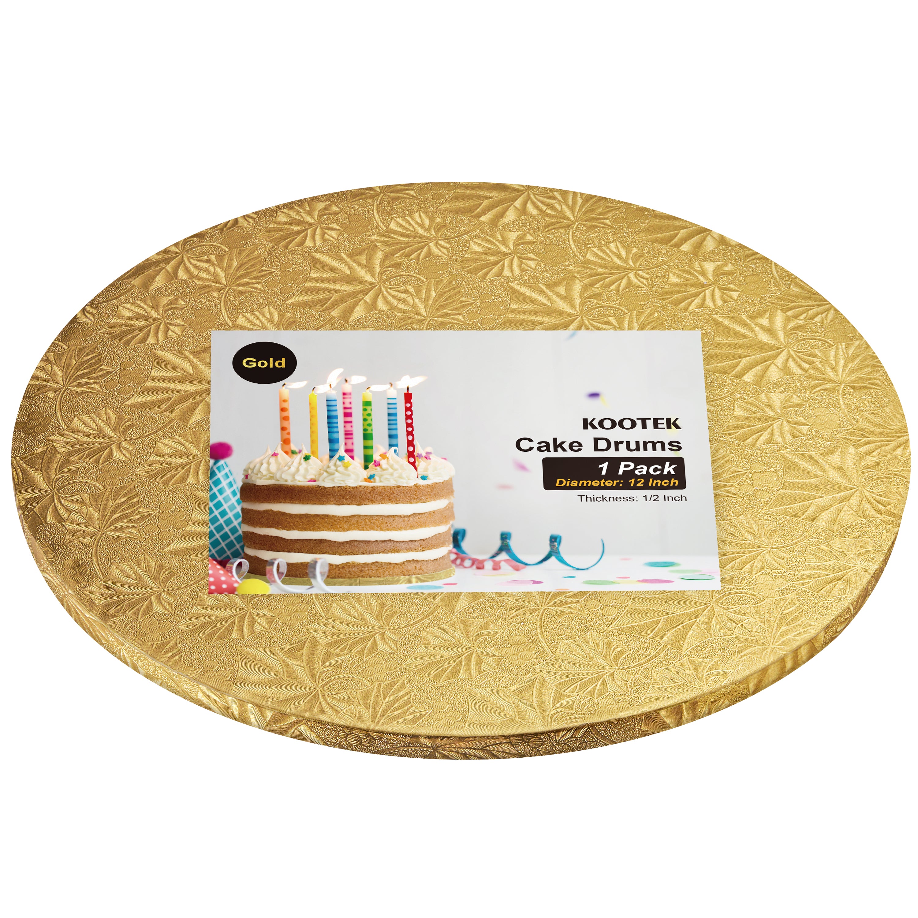 Kootek Cake Boards Drums 12 Inch Round, 1/2" Thick Cake Drums, Cake Decorating Supplies Sturdy Cake Corrugated Cardboard for Multi-Layer Cakes (Gold, 1 Pack)