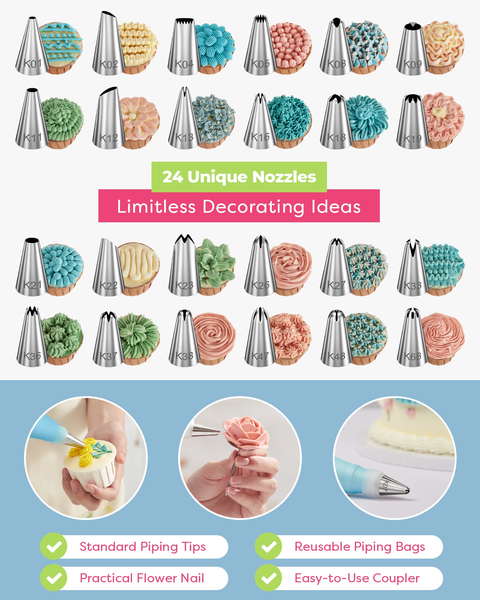 Kootek 32-Piece Piping Bags and Tips Set with 24 Icing Piping Tips, 2 Reusable Pastry Bags 12 Inch, Reusable Piping Icing Bags and Tips, Cake Decorating Kit for Frosting Cookie, Cupcake