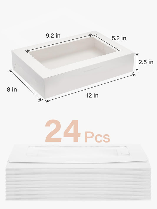 Kootek 12 Inch Bakery/Treat Boxes with Window, 24pcs 12x8x2.5 Inches White Cookie Boxes Pastry Boxes for Desserts, Cupcakes, Pies, Donuts, Chocolates, Cake Decorating Supplies