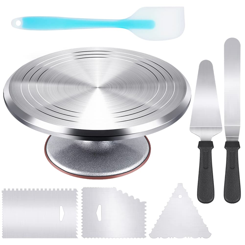 Kootek Aluminium Alloy Revolving Cake Stand 12 Inch Cake Turntable with Angled Icing Spatula and 3 Comb Icing Smoother, Silicon Spatula and Cake Server/Cutter Baking Cake Decorating Supplies