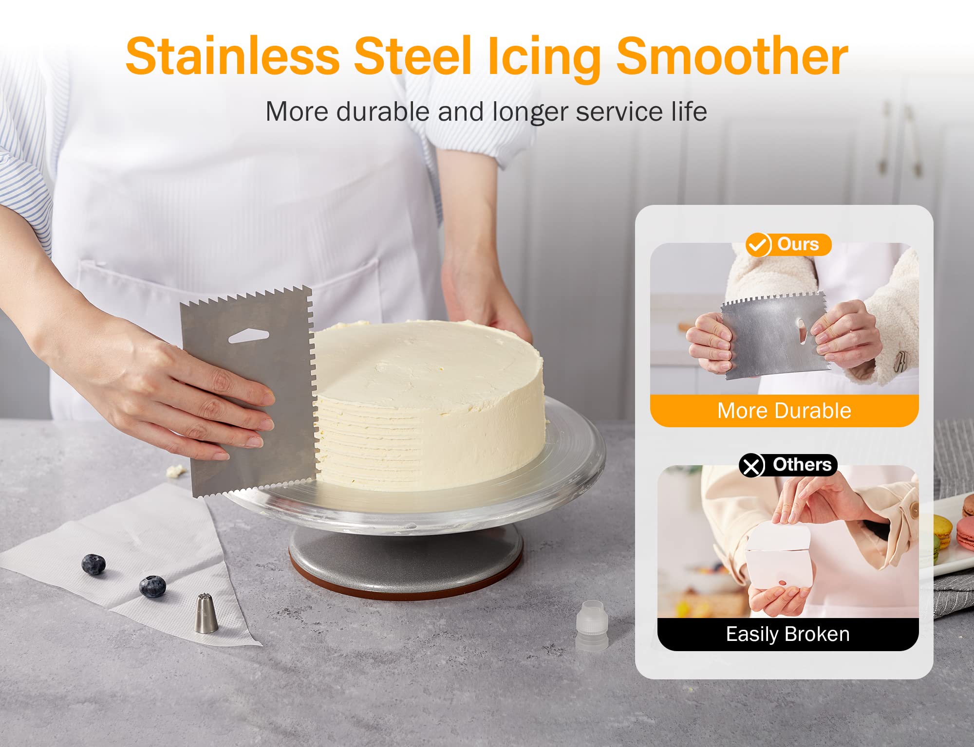 Kootek Aluminium Alloy Revolving Cake Stand 12 Inch Cake Turntable with Angled Icing Spatula and 3 Comb Icing Smoother, Silicon Spatula and Cake Server/Cutter Baking Cake Decorating Supplies