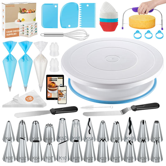Kootek 140PCs Cake Decorating Supplies Kits with Ebook, Cake Turntable, 50+2 Piping Bags, 50 Disposable Cupcake Liners, 24 Icing Piping Tips, 3 Icing Scrapers, 2 Spatulas, Cake Leveler for Baking