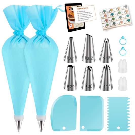 Kootek 15Pcs Piping Bags and Tips Set with Ebook, Frosting Piping Kit with 6 Icing Tips, 2 Pastry Bags, 2 Couplers, 2 Bag Ties, 3 Cake Scrapers, Cake Decorating Supplies for Cupcake, Cookie, Baking