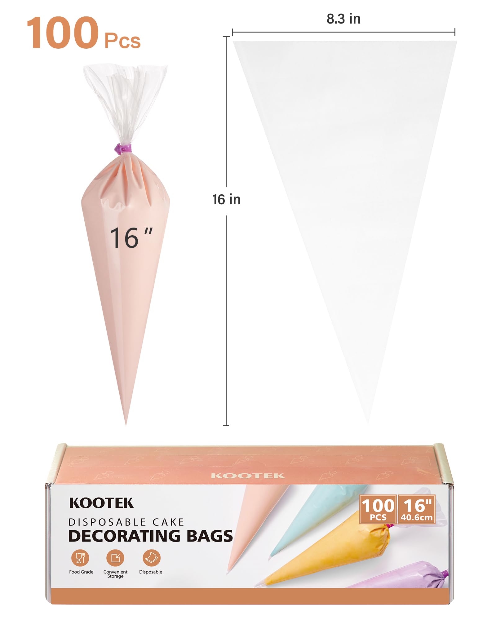 Kootek 16" Piping Bags (100Pcs), Disposable Pastry Bags Anti Burst Icing Frosting Bag Thick Cake Decorating Bags for Cookie, Cupcake, Candy, Baking Supplies Tools