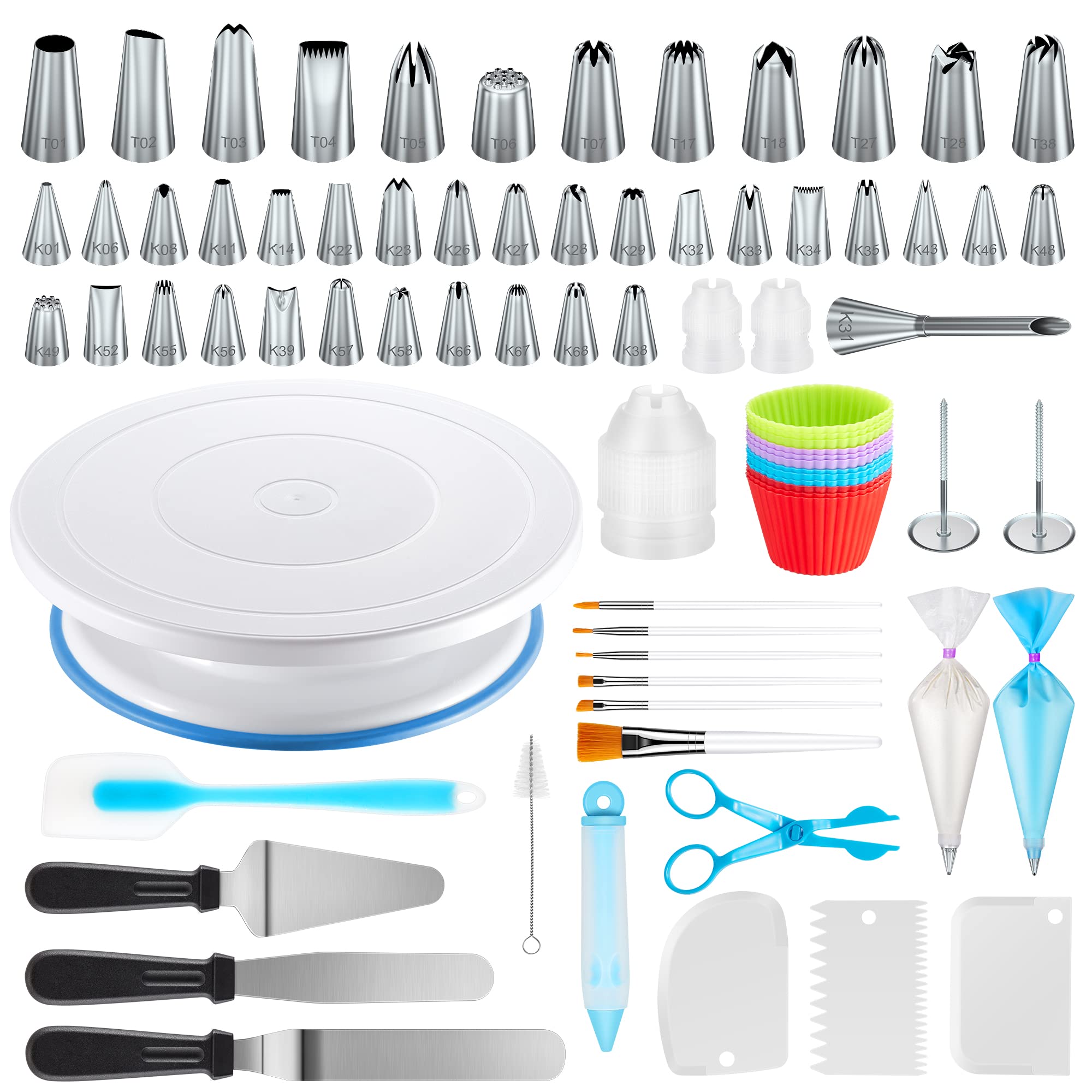 Kootek 178 Pcs Cake Decorating Kit Supplies with Cake Turntable Numbered Piping Tips E-book Guide Pastry Bags Frosting Spatula Icing Smoother Decoration Pen Cake Paint Brush Silicone Baking Cups
