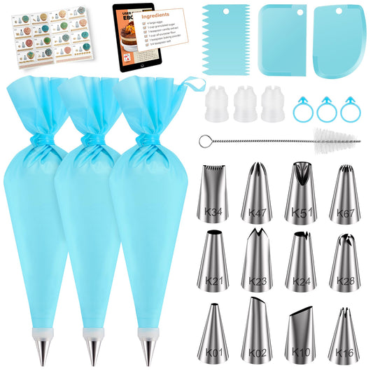 Kootek 25Pcs Piping Bags and Tips Set with Ebook, Frosting Piping Kit with 12 Icing Tips, 3 Pastry Bags, 3 Couplers, 3 Bag Ties, 3 Cake Scrapers, Cake Decorating Supplies for Cupcake, Cookie, Baking