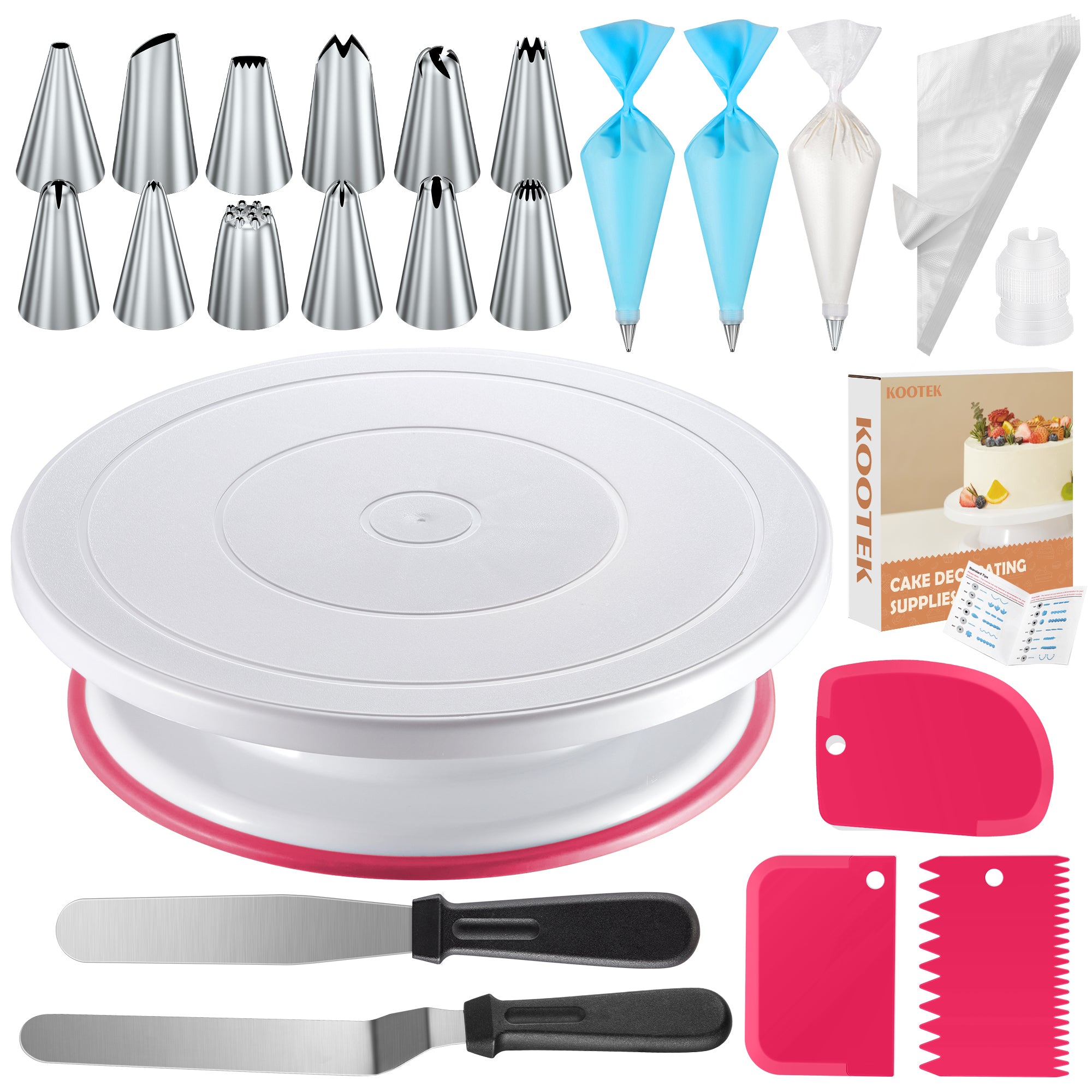 Kootek 71PCs Cake Decorating Supplies Kit, Cake Decorating Set with Cake Turntable, 12 Numbered Icing Piping Tips, 2 Spatulas, 3 Icing Comb Scraper, 50+2 Piping Bags, and 1 Coupler for Baking