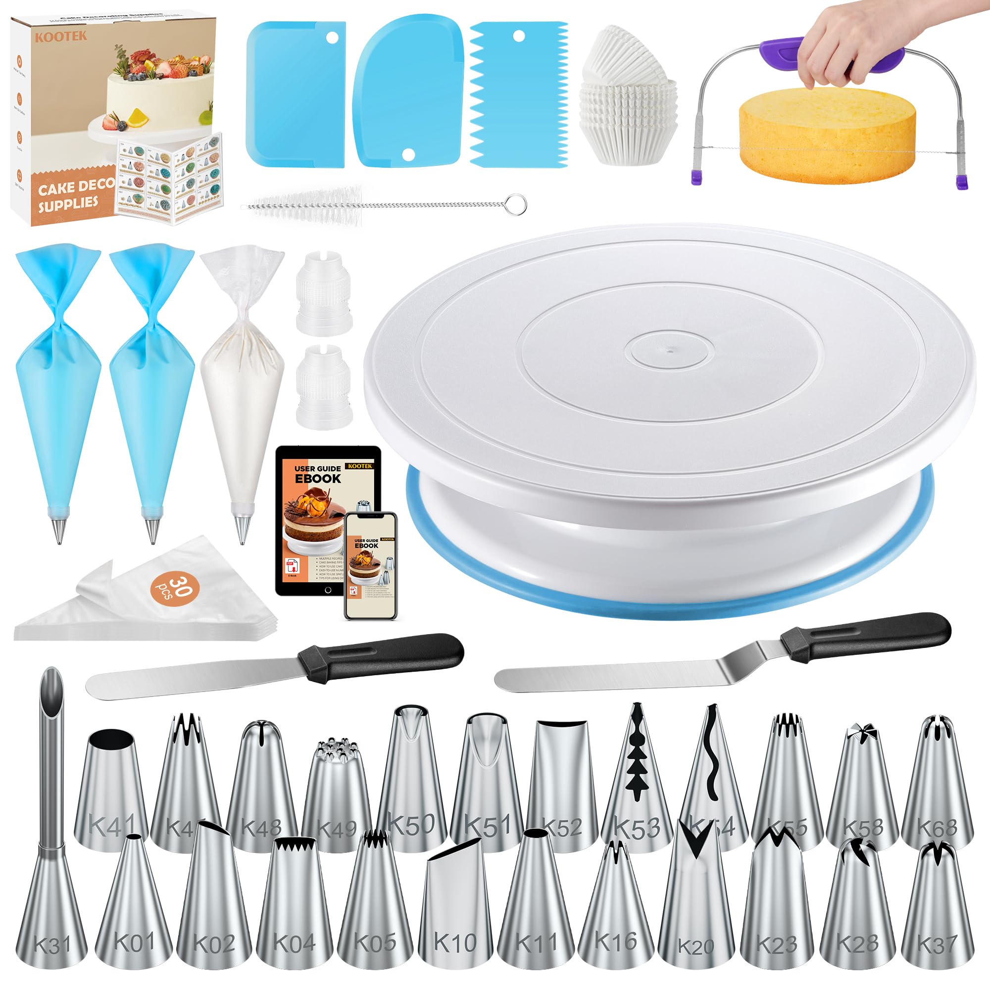 Kootek 96PCs Cake Decorating Supplies Kits with Ebook, Cake Turntable, 30+2 Piping Bags, 30 Disposable Cupcake Liners, 24 Icing Piping Tips, 3 Icing Scrapers, 2 Spatulas, Cake Leveler for Baking