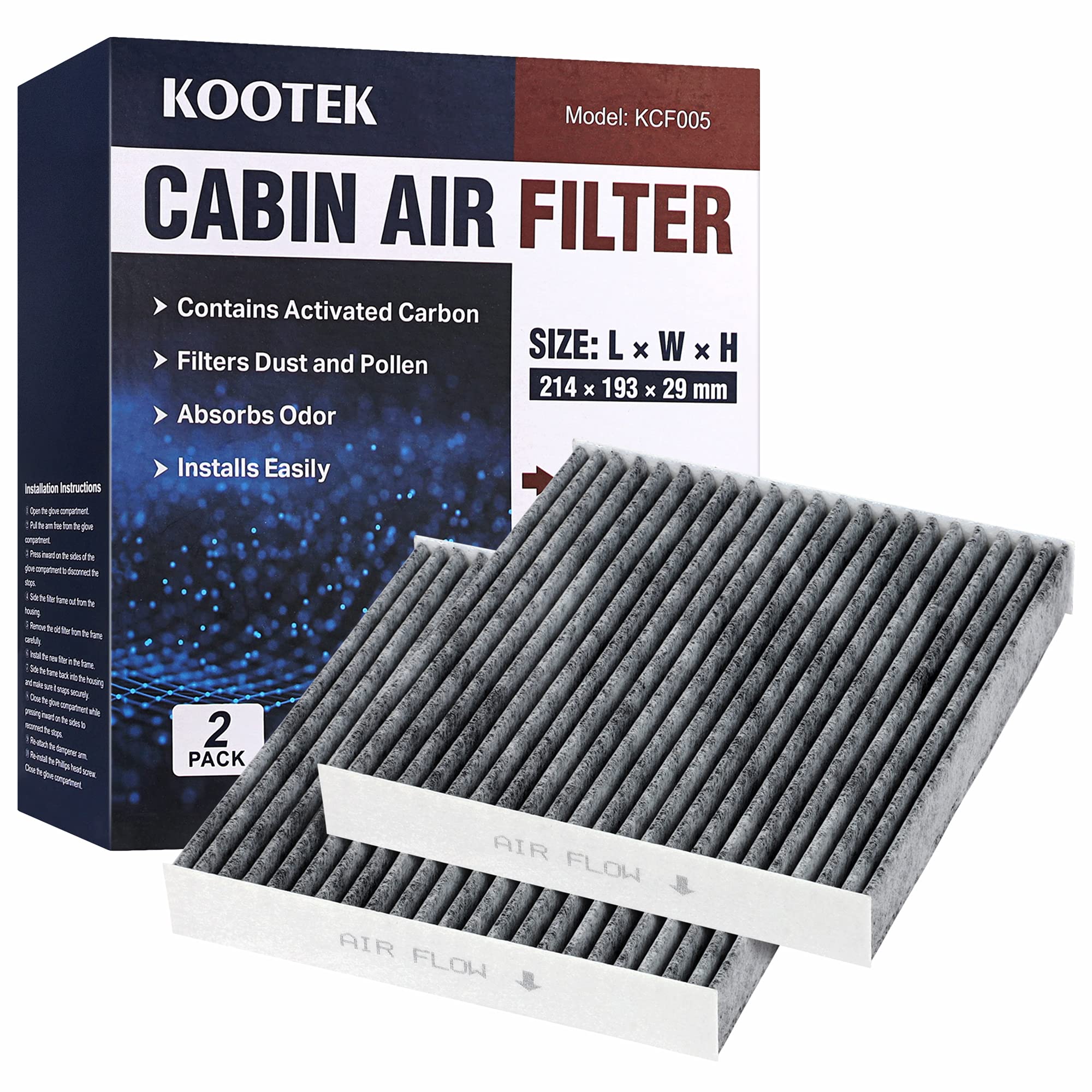 Kootek Car Cabin Air Filter Replacement for CF10285 with Active Carbon for Toyota/Lexus/Scion/Subaru, against Bacteria Dust Viruses Pollen Gases Odors, 2 Pack
