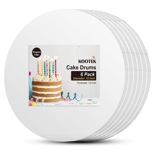 Kootek Cake Boards Drum 12 Inch Round, 1/2" Thick Cake Drums with Fully Wrapped Edges, Cake Decorating Supplies White 6-Pack Sturdy Cake Corrugated Cardboard for Multi-Layer Cakes