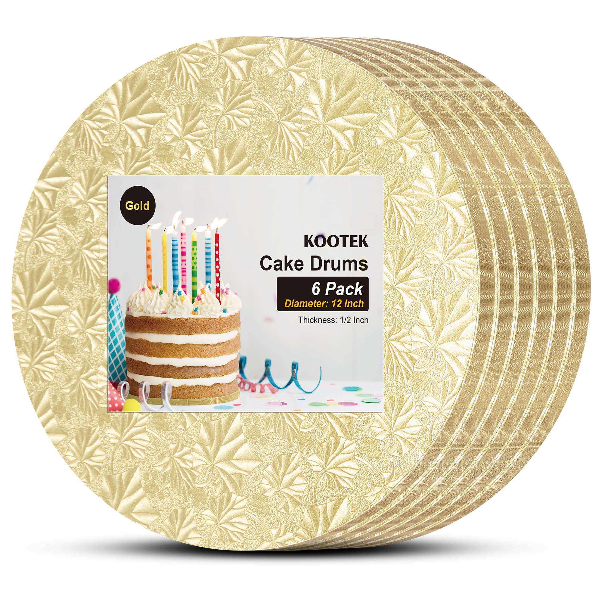 Kootek Cake Boards Drums 12 Inch Round, 1/2" Thick Cake Drums, Cake Decorating Supplies Sturdy Cake Corrugated Cardboard for Multi-Layer Cakes (Gold, 6 Pack)