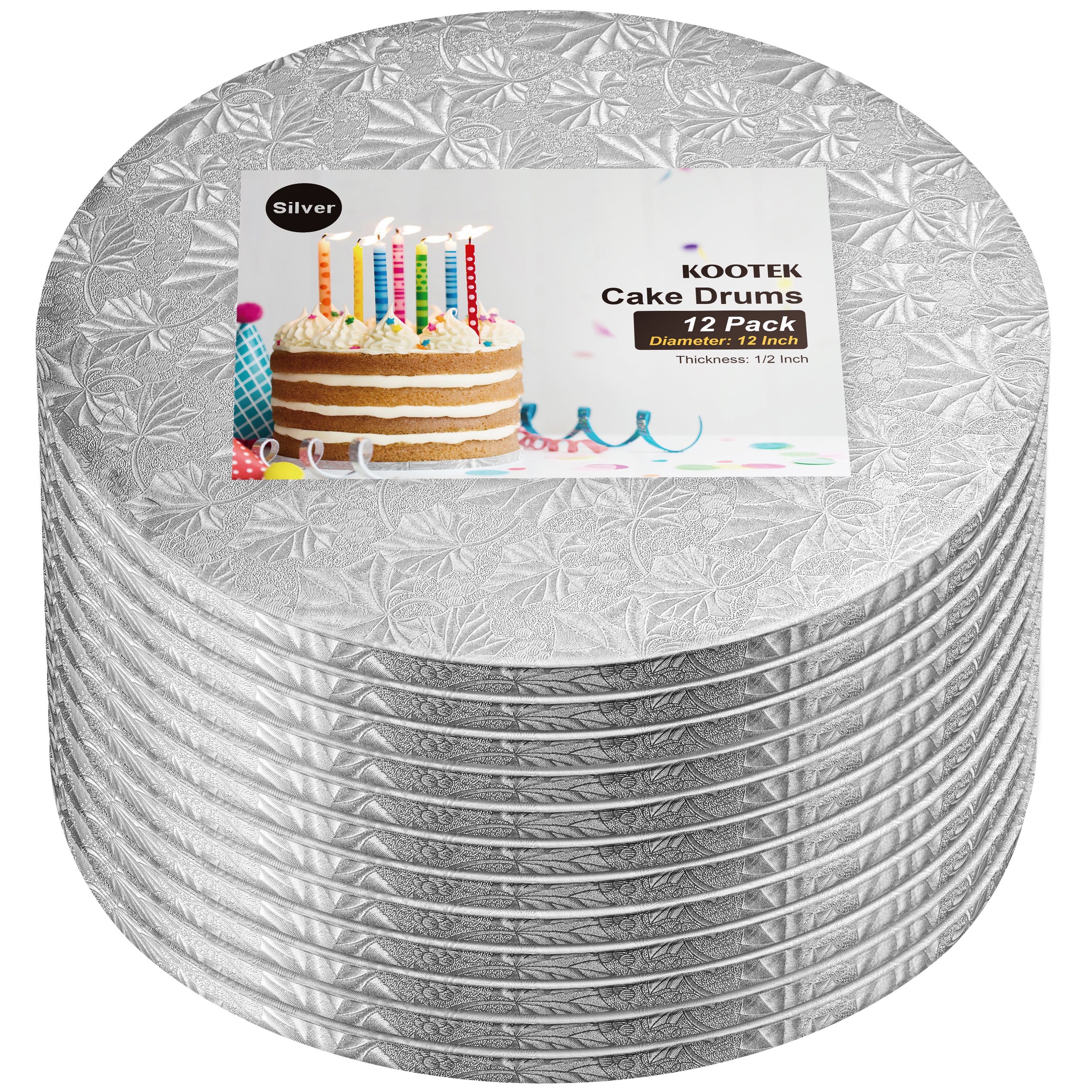 Kootek Cake Boards Drums 12 Inch Round, 1/2" Thick Cake Drums, Cake Decorating Supplies Sturdy Cake Corrugated Cardboard for Multi-Layer Cakes (Silver, 12 Pack)