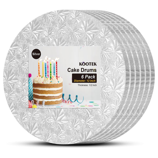 Kootek Cake Boards Drums 12 Inch Round, 1/2" Thick Cake Drums, Cake Decorating Supplies Sturdy Cake Corrugated Cardboard for Multi-Layer Cakes (Silver, 6 Pack)