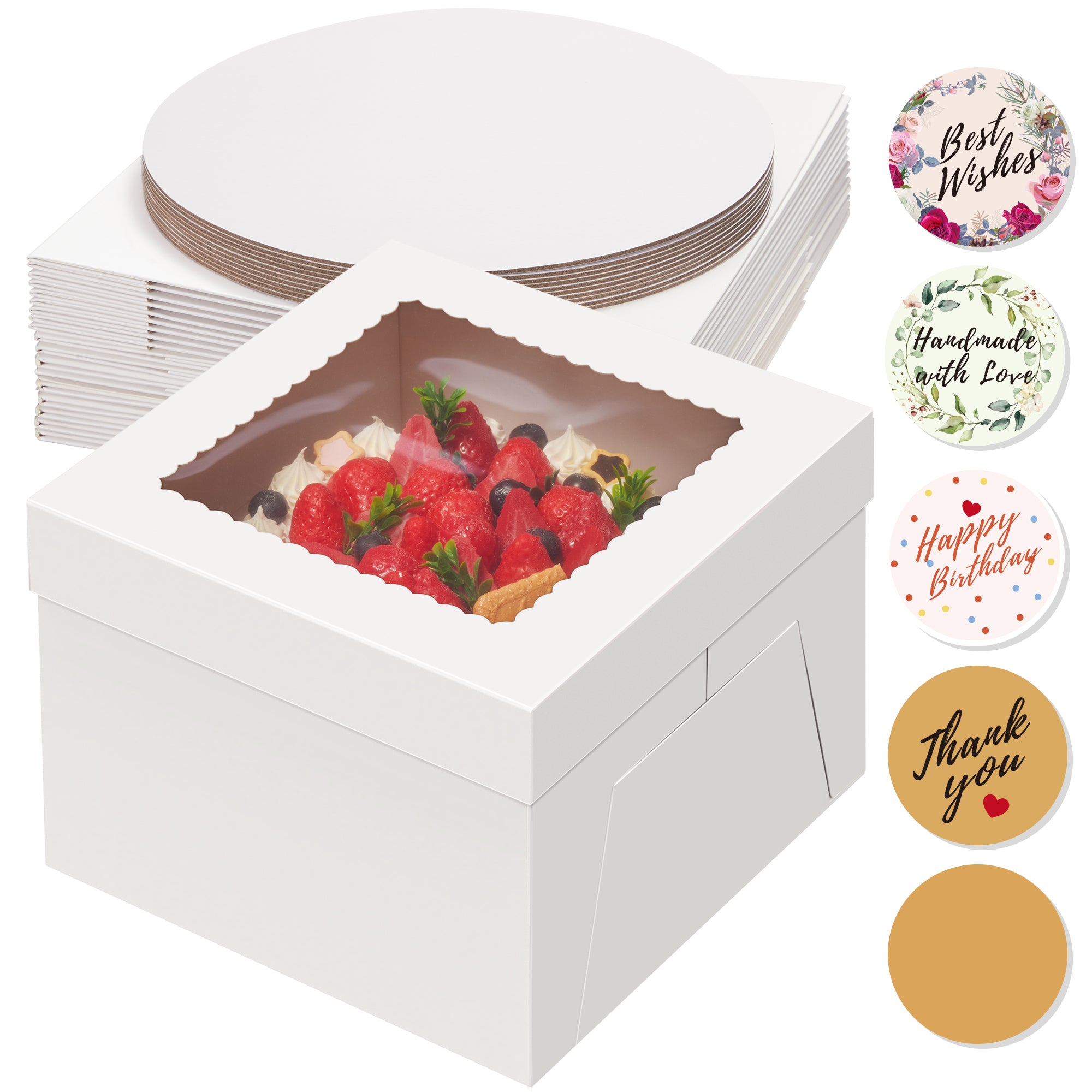 Kootek Cake Boxes with Cake Boards (10 Boxes & 10 Boards), 10x10x8 Inches White Bakery Box with Window, Large Baking Boxes, Square Cake Box for Multi-Layer Cakes, Pastries, Cake Decorating Supplies