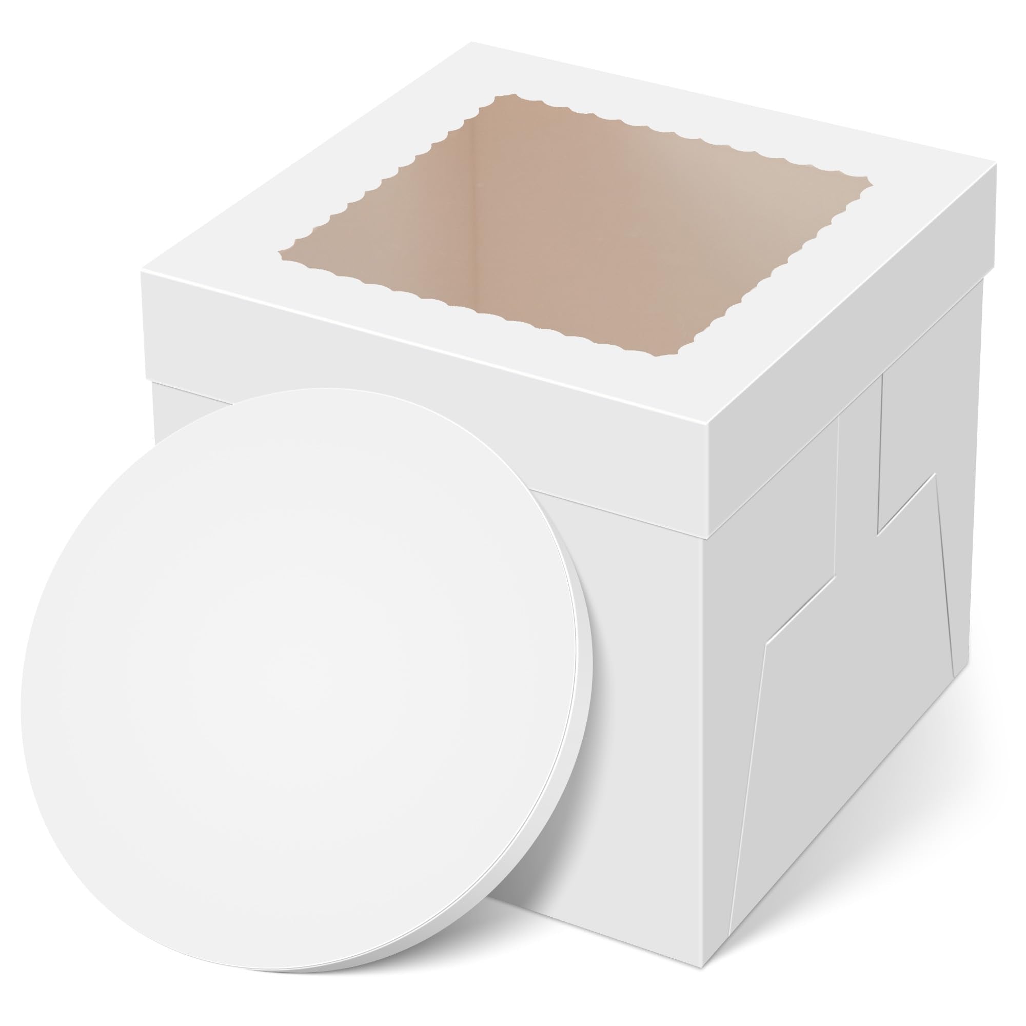 Kootek Cake Box with Board Drum, 10x10x10 Inches Tall Bakery Box with Window, Disposable Cake Container with Lid for Multi-Layer Cake, Cake Decorating, Wedding, Birthday, Party