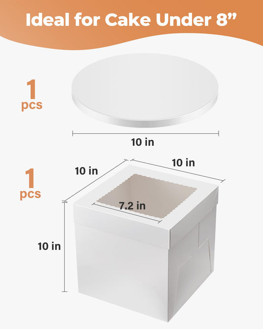Kootek Cake Box with Board Drum, 10x10x10 Inches Tall Bakery Box with Window, Disposable Cake Container with Lid for Multi-Layer Cake, Cake Decorating, Wedding, Birthday, Party