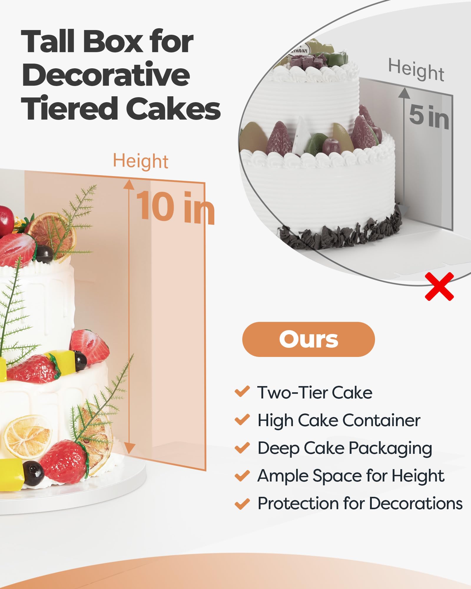 Kootek Cake Box with Board Drum, 10x10x10 Inches Tall Bakery Box with Window, Disposable Cake Container with Lid for Multi-Layer Cake, Cake Decorating, Wedding, Birthday, Party