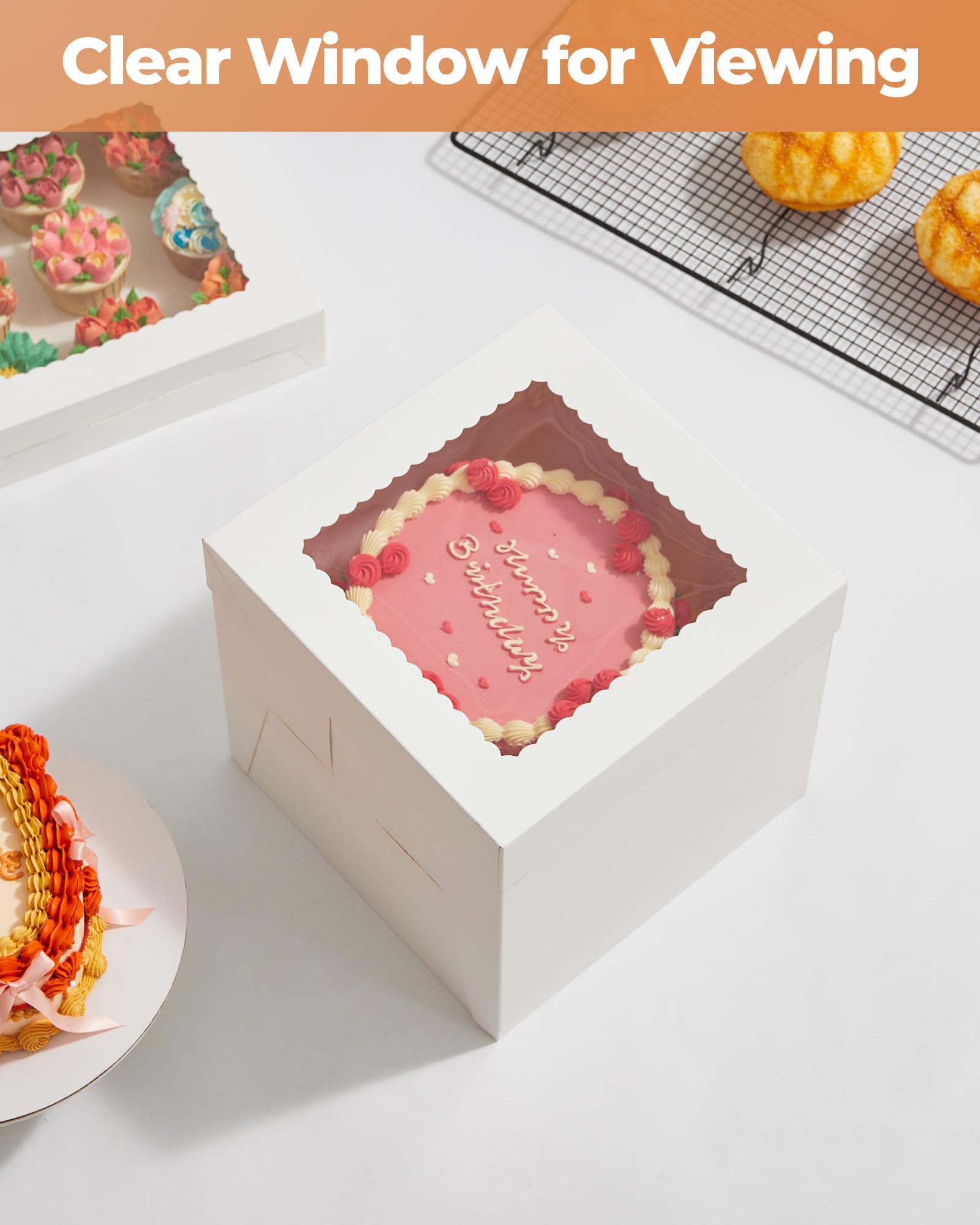 Kootek Cake Box with Board Drum, 10x10x10 Inches Tall Bakery Box with Window, Disposable Cake Container with Lid for Multi-Layer Cake, Cake Decorating, Wedding, Birthday, Party