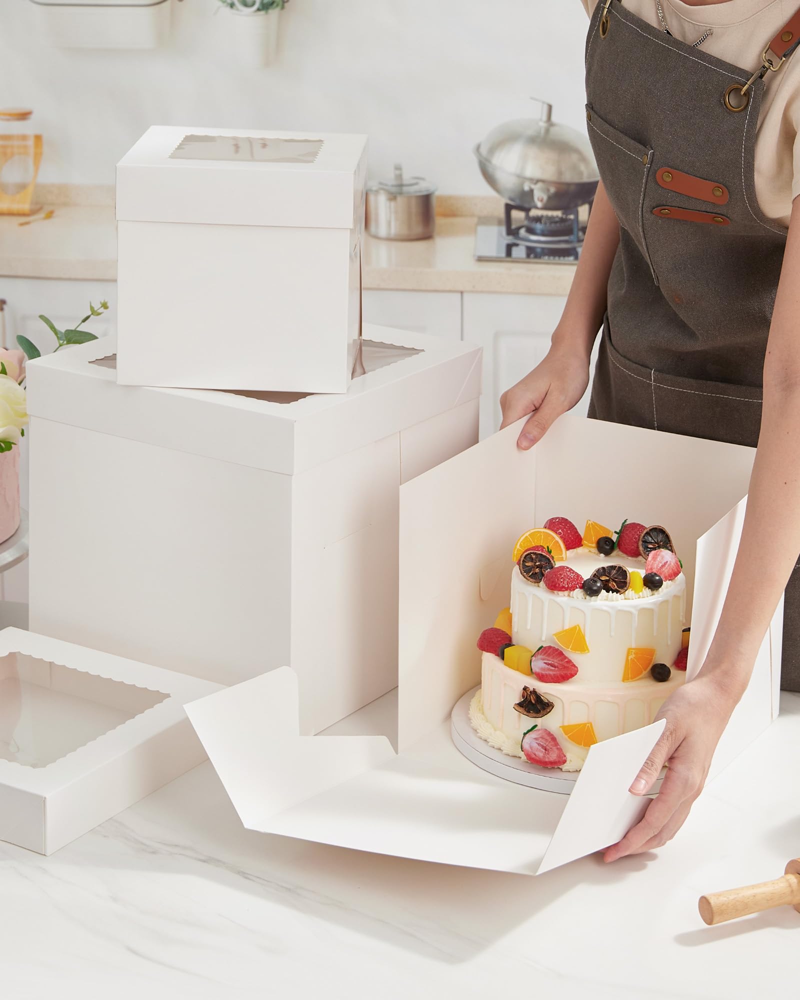Kootek Cake Box with Board Drum, 10x10x10 Inches Tall Bakery Box with Window, Disposable Cake Container with Lid for Multi-Layer Cake, Cake Decorating, Wedding, Birthday, Party