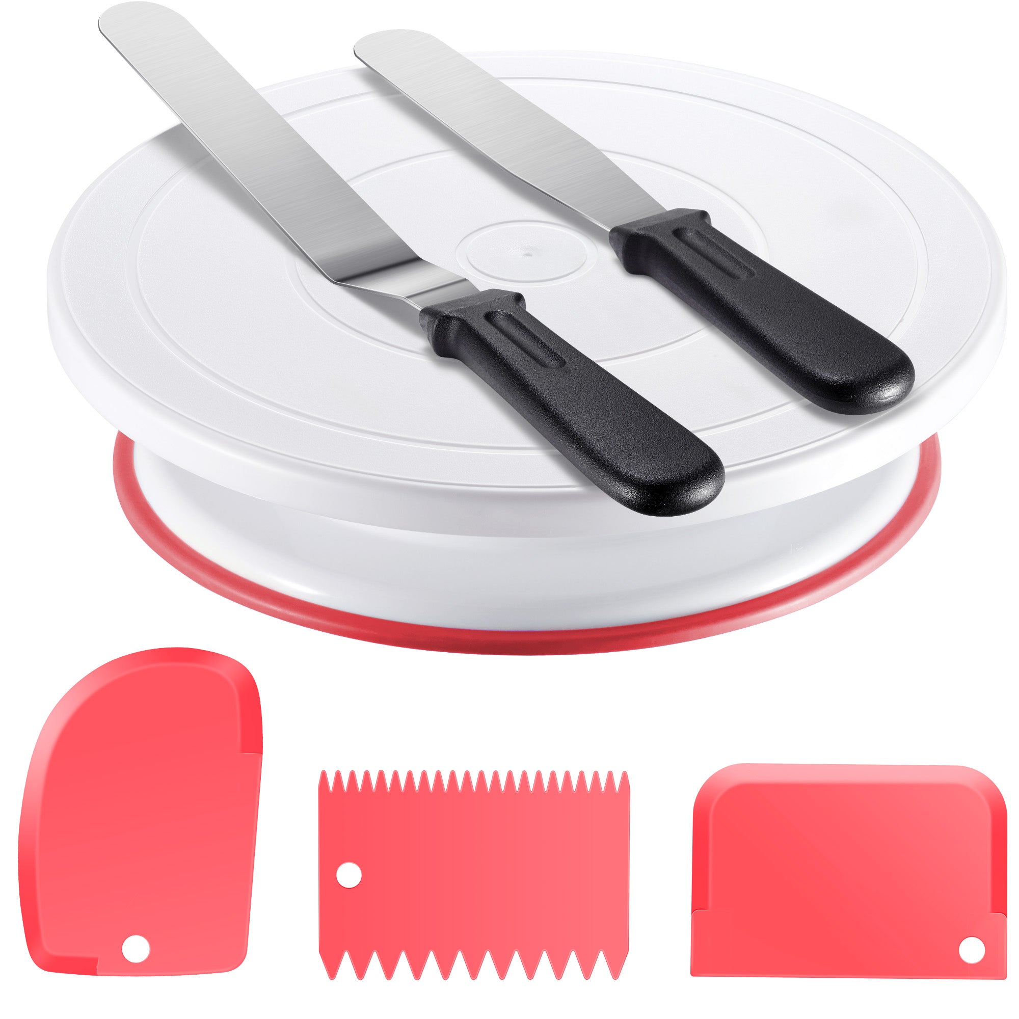 Kootek Cake Decorating Kit Baking Supplies Cake Turntable with 2 Frosting Straight Angled Spatula 3 Icing Smoother Scrapers Baking Accessories Tools for Beginners and Pros, Pink