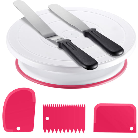 Kootek Cake Decorating Kit Baking Supplies Set Cake Turntable with 2 Frosting Straight Angled Spatula 3 Icing Smoother Scrapers Baking Accessories Tools for Beginners and Pros, Mother's Day, Pink