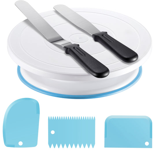 Kootek Cake Decorating Kit Baking Supplies Set Cake Turntable with 2 Frosting Straight Angled Spatula 3 Icing Smoother Scrapers Baking Accessories Tools for Beginners and Pros, Mother's Day, Blue