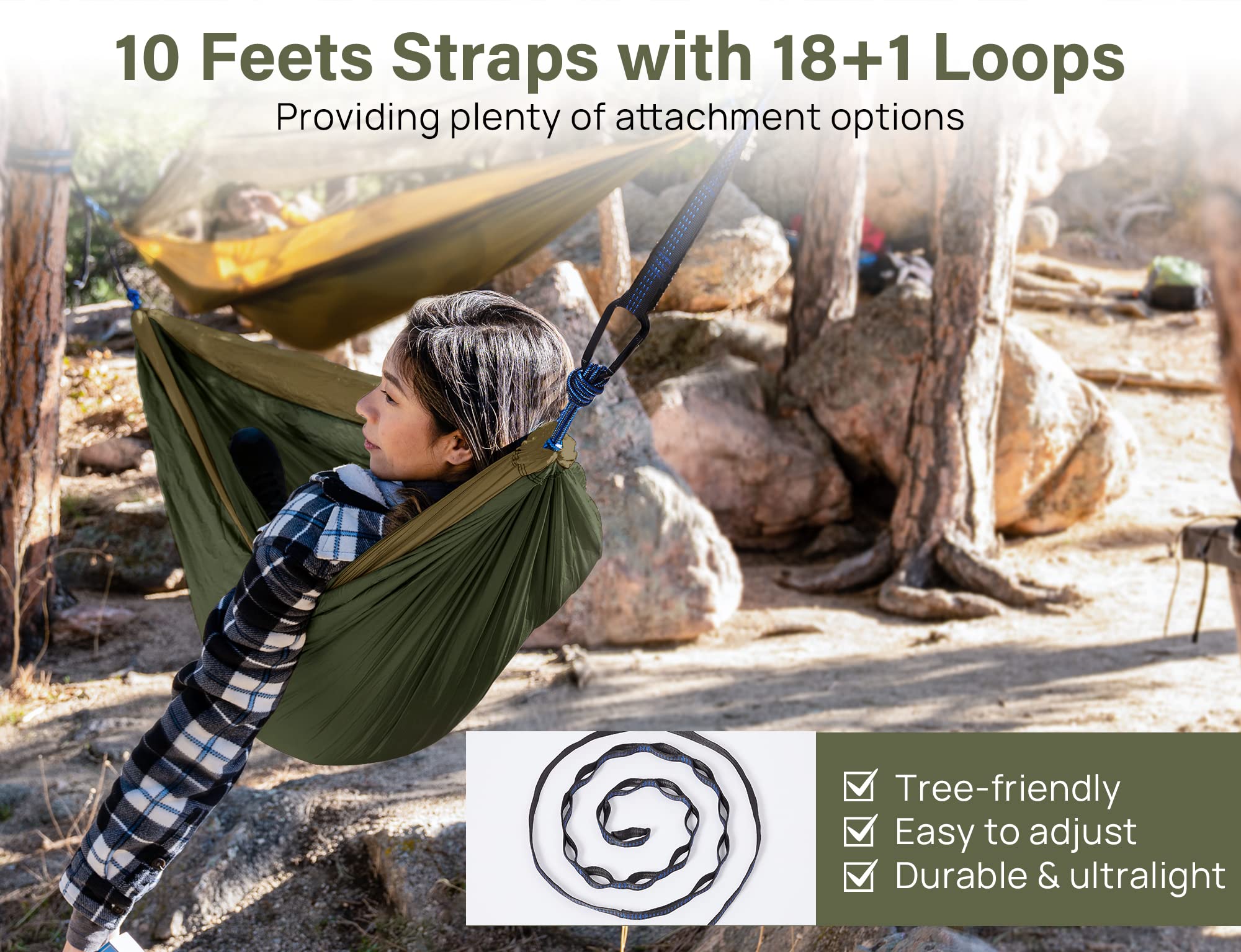 Kootek Camping Hammock Double Portable Hammocks with 2 Tree Straps, Lightweight Nylon Parachute Hammocks for Backpacking, Travel, Beach, Backyard, Patio, Hiking (Olive & Dark Khaki, Large)