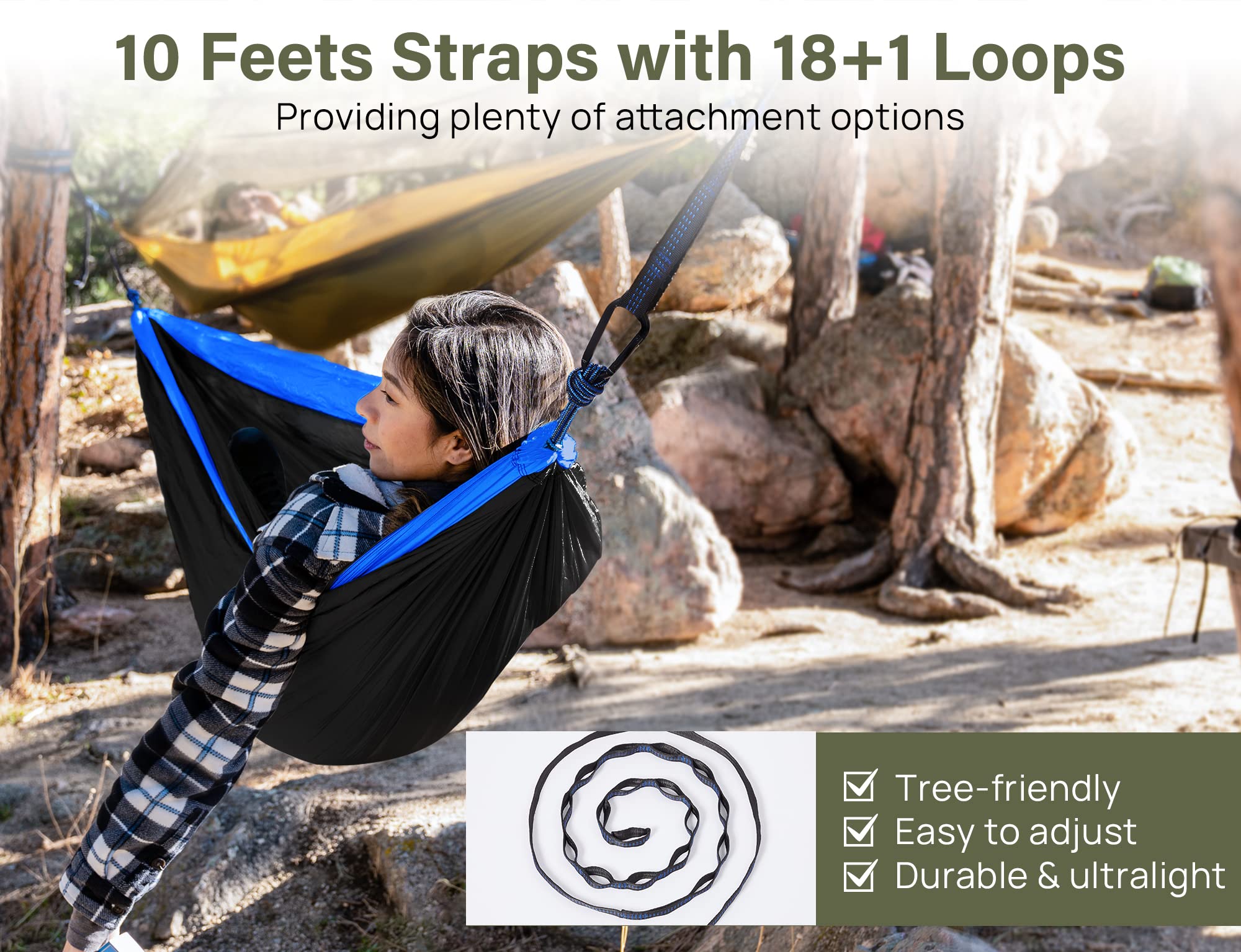 Kootek Camping Hammock Double Portable Hammocks with 2 Tree Straps, Lightweight Nylon Parachute Hammocks for Backpacking, Travel, Beach, Backyard, Patio, Hiking (Black & Blue, Large)