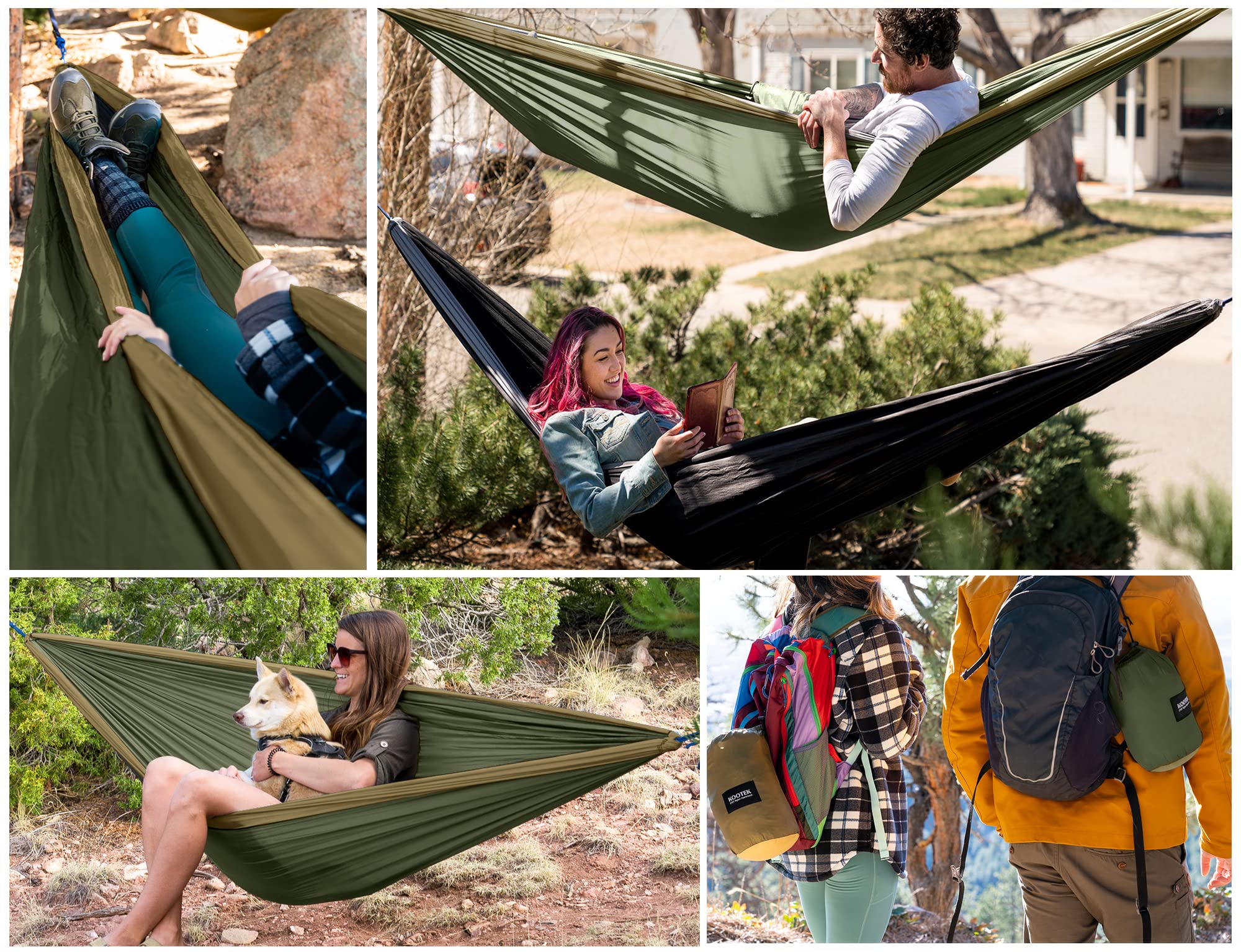 Kootek Camping Hammock Double Portable Hammocks with 2 Tree Straps, Lightweight Nylon Parachute Hammocks for Backpacking, Travel, Beach, Backyard, Patio, Hiking (Olive & Dark Khaki, Large)