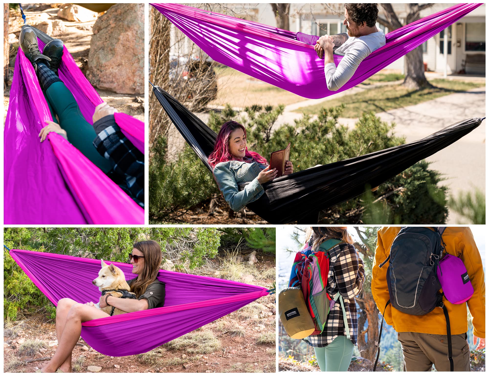 Kootek Camping Hammock Double & Single Portable Hammocks Camping Accessories for Outdoor, Indoor, Backpacking, Travel, Beach, Backyard, Patio, Hiking, Bright Violet & Pink