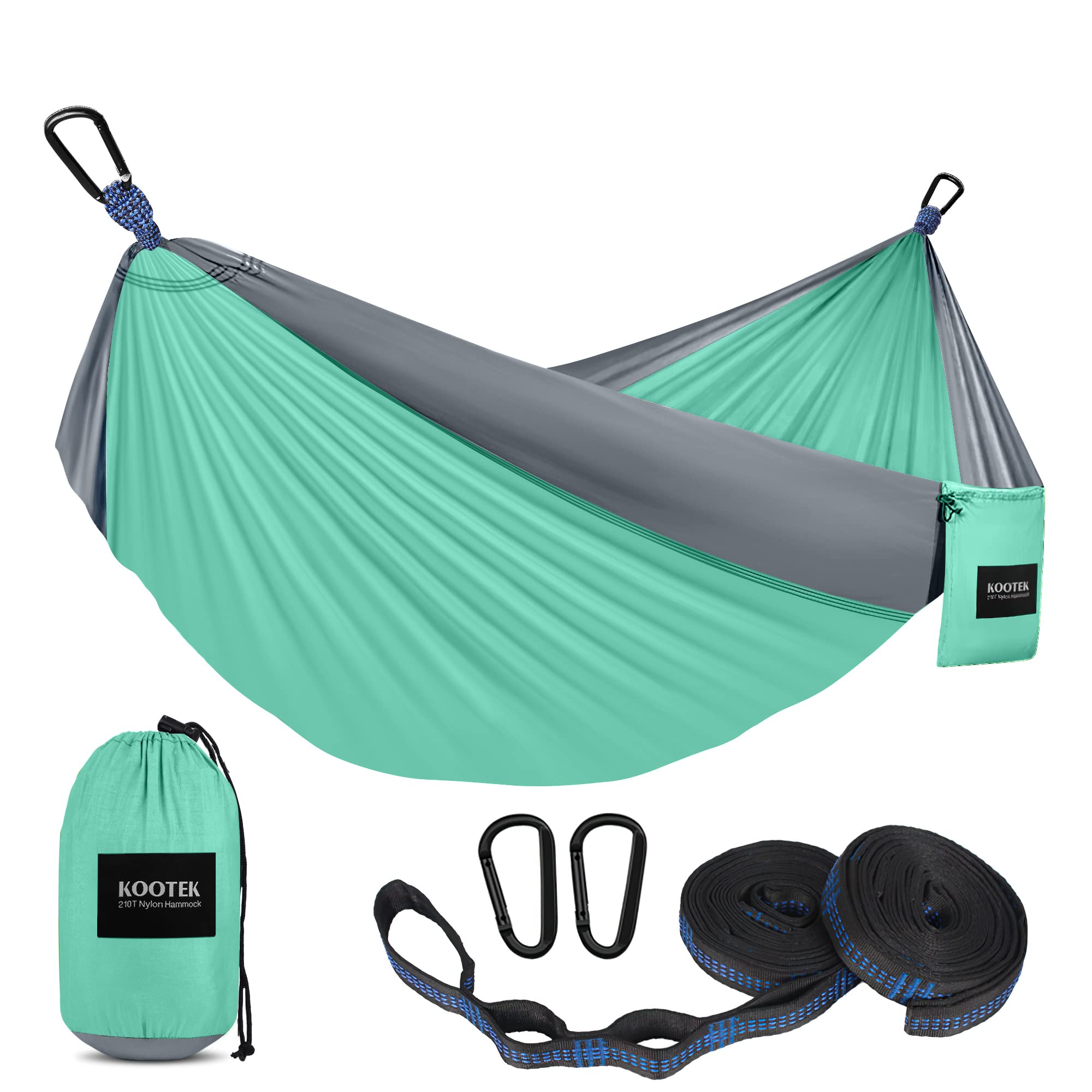 Kootek Camping Hammock Double Portable Hammocks with 2 Tree Straps, Lightweight Nylon Parachute Hammocks for Backpacking, Travel, Beach, Backyard, Patio, Hiking (Seagreen & Light Grey, Large)