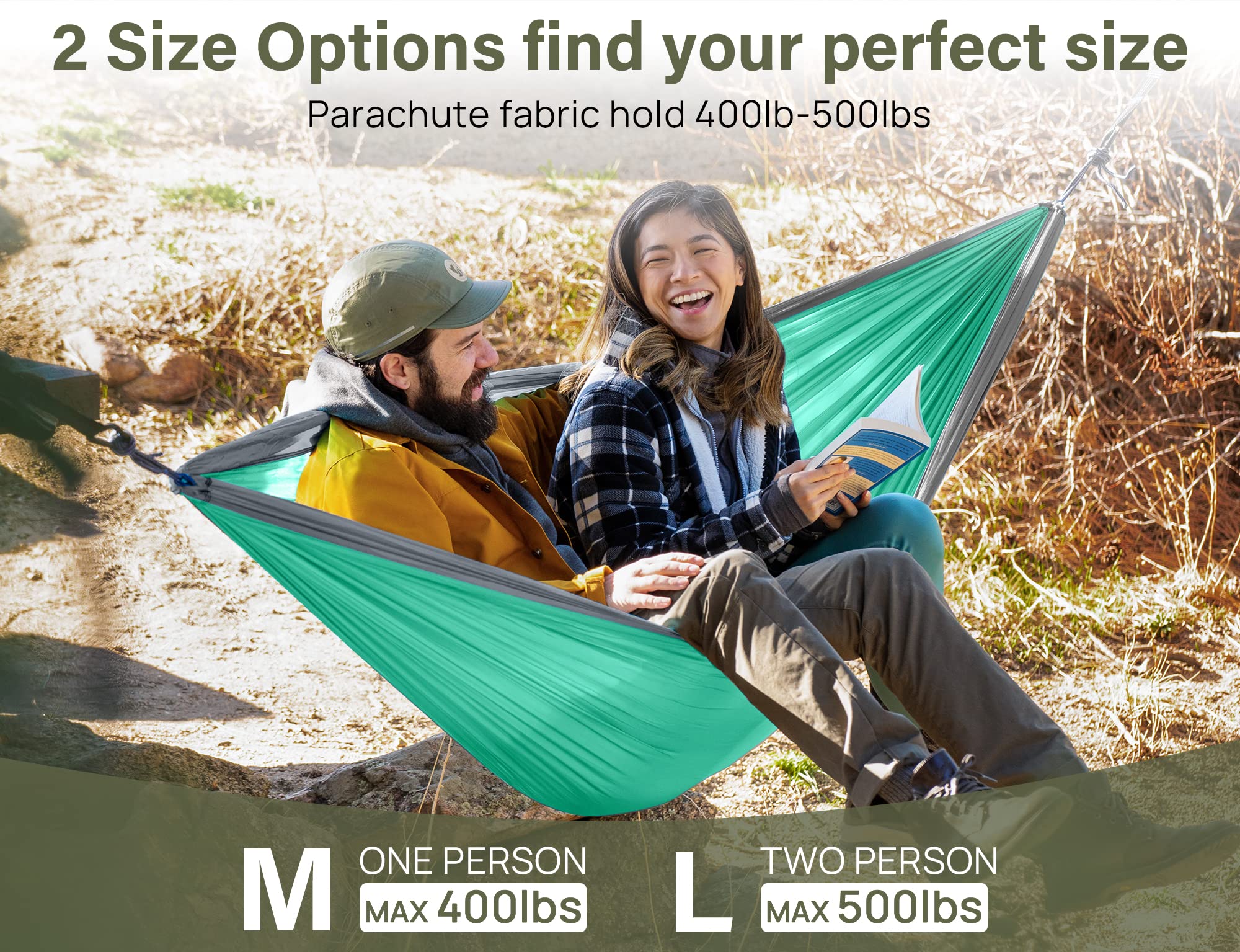 Kootek Camping Hammock Double Portable Hammocks with 2 Tree Straps, Lightweight Nylon Parachute Hammocks for Backpacking, Travel, Beach, Backyard, Patio, Hiking (Seagreen & Light Grey, Large)