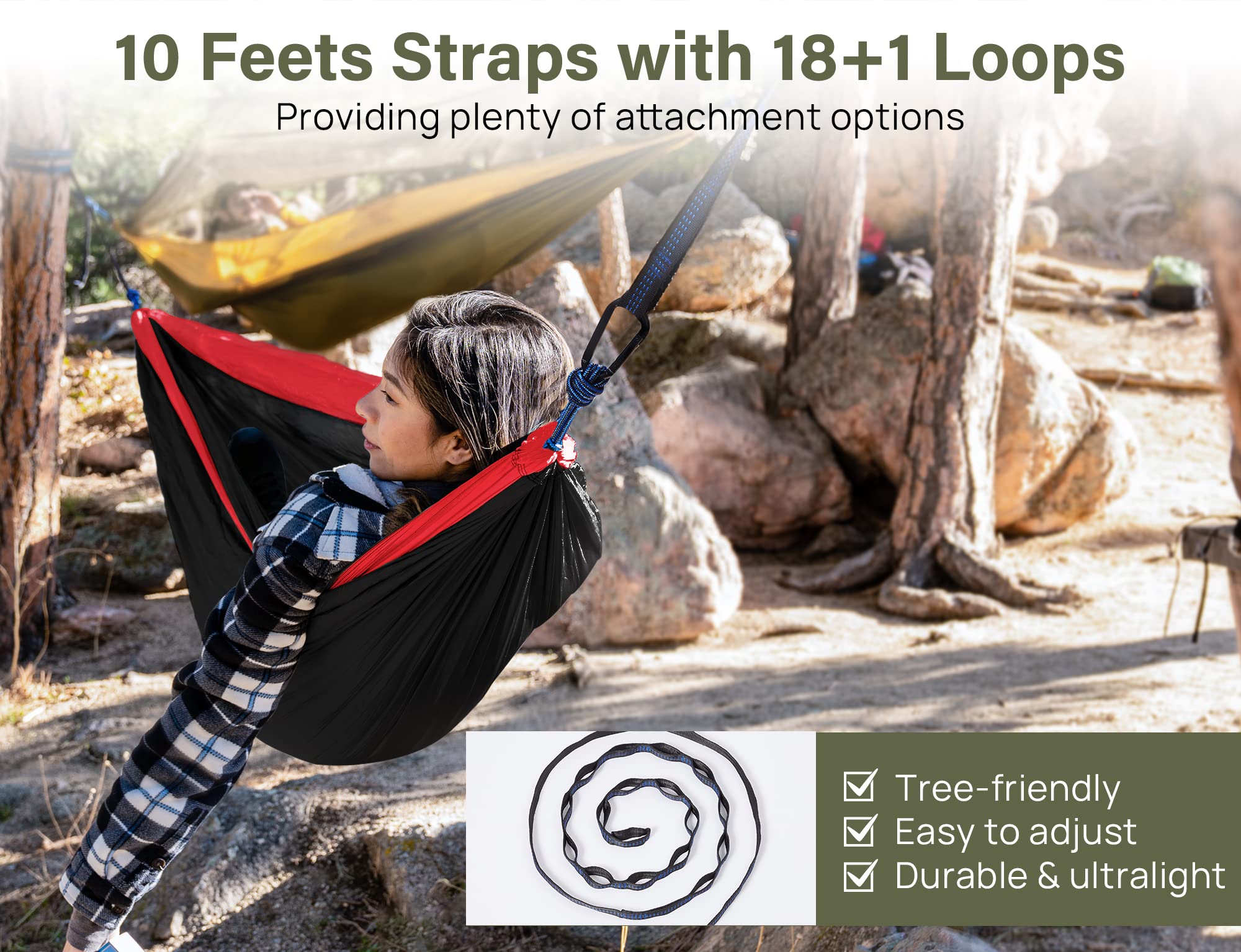 Kootek Camping Hammock Double Portable Hammocks with 2 Tree Straps, Lightweight Nylon Parachute Hammocks for Backpacking, Travel, Beach, Backyard, Patio, Hiking (Black & Red, Large)