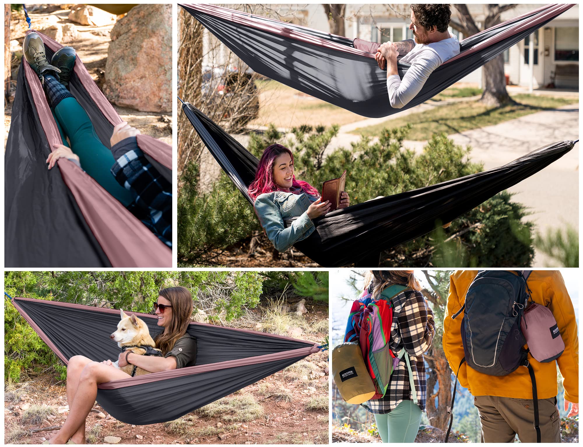 Kootek Camping Hammock Double Portable Hammocks with 2 Tree Straps, Lightweight Nylon Parachute Hammocks for Backpacking, Travel, Beach, Backyard, Patio, Hiking (Charcoal Grey & Rose, Large)