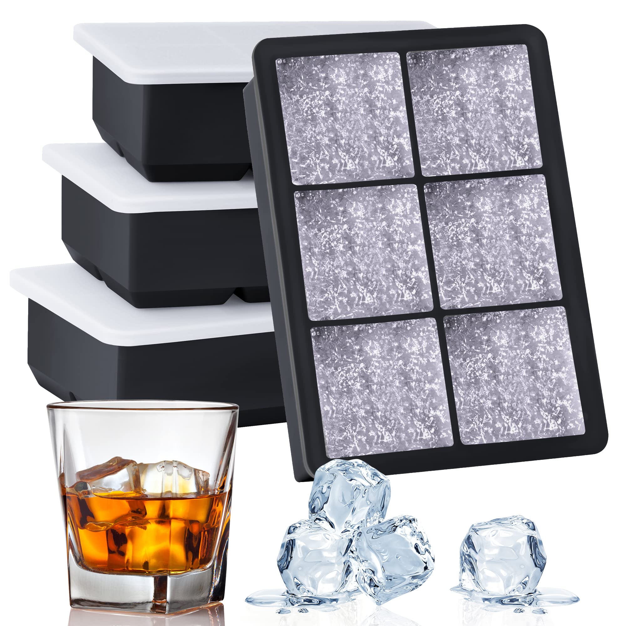 Kootek 4 Set Silicone Ice Cube Trays with Lids, BPA Free Large Square Molds - Easy Release Reusable Tray Flexible Mold for Chilling Whiskey Wine Cocktail Beverages Juice