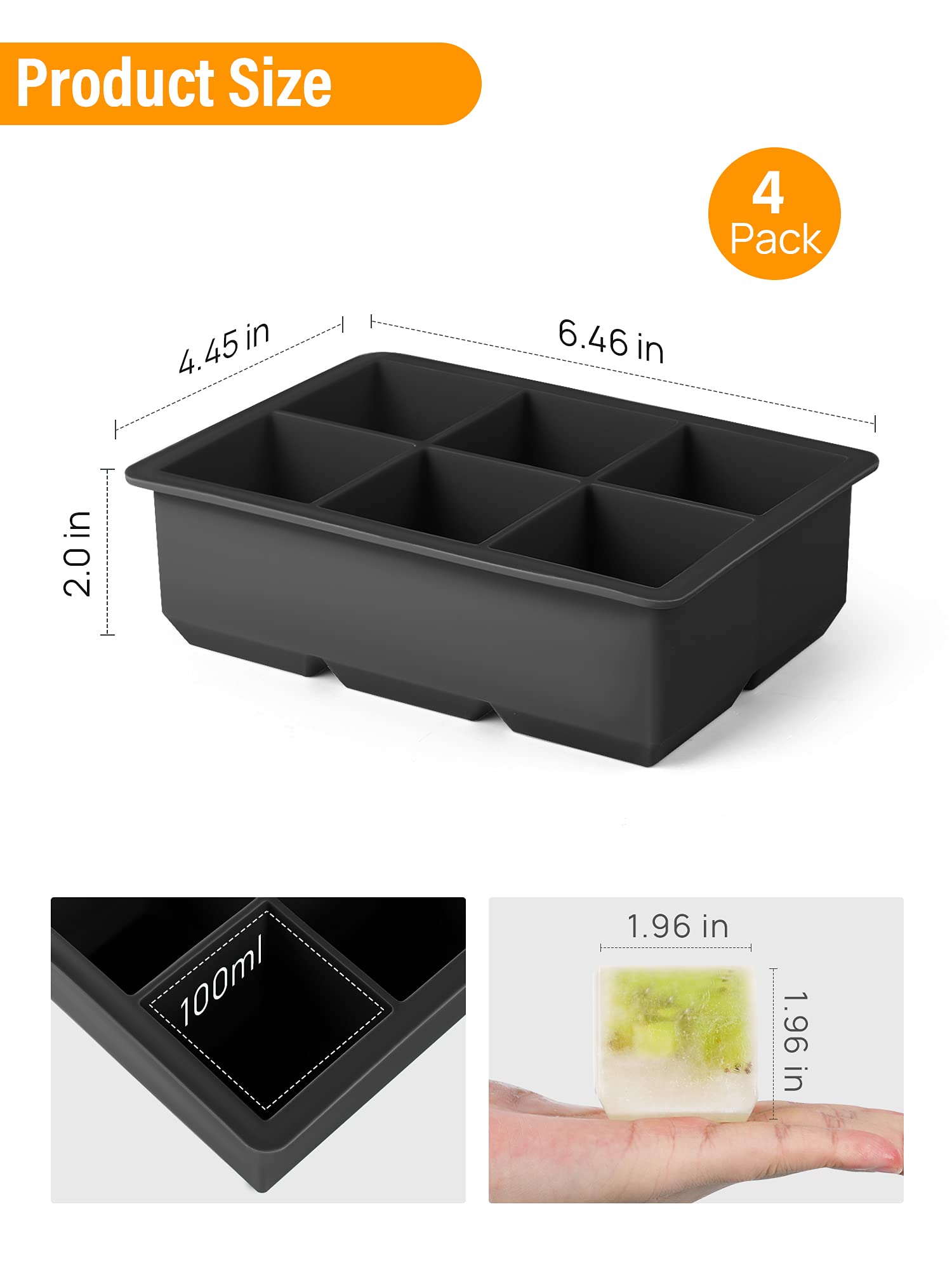 Kootek 4 Set Silicone Ice Cube Trays with Lids, BPA Free Large Square Molds - Easy Release Reusable Tray Flexible Mold for Chilling Whiskey Wine Cocktail Beverages Juice
