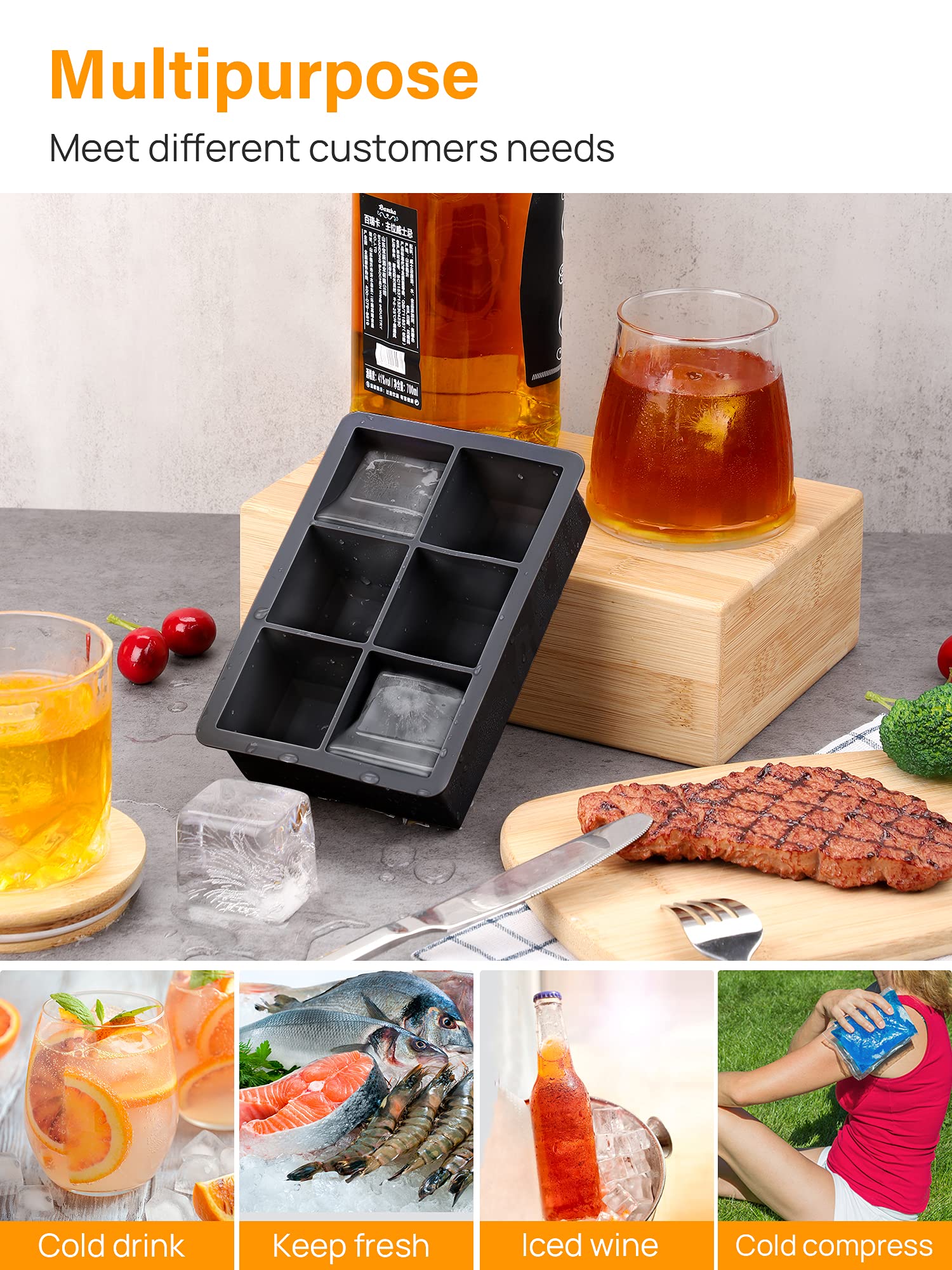 Large 2 Inch Ice Cube Tray Mold Whiskey Cocktails Silicone Make 4/6/8  Icecubes